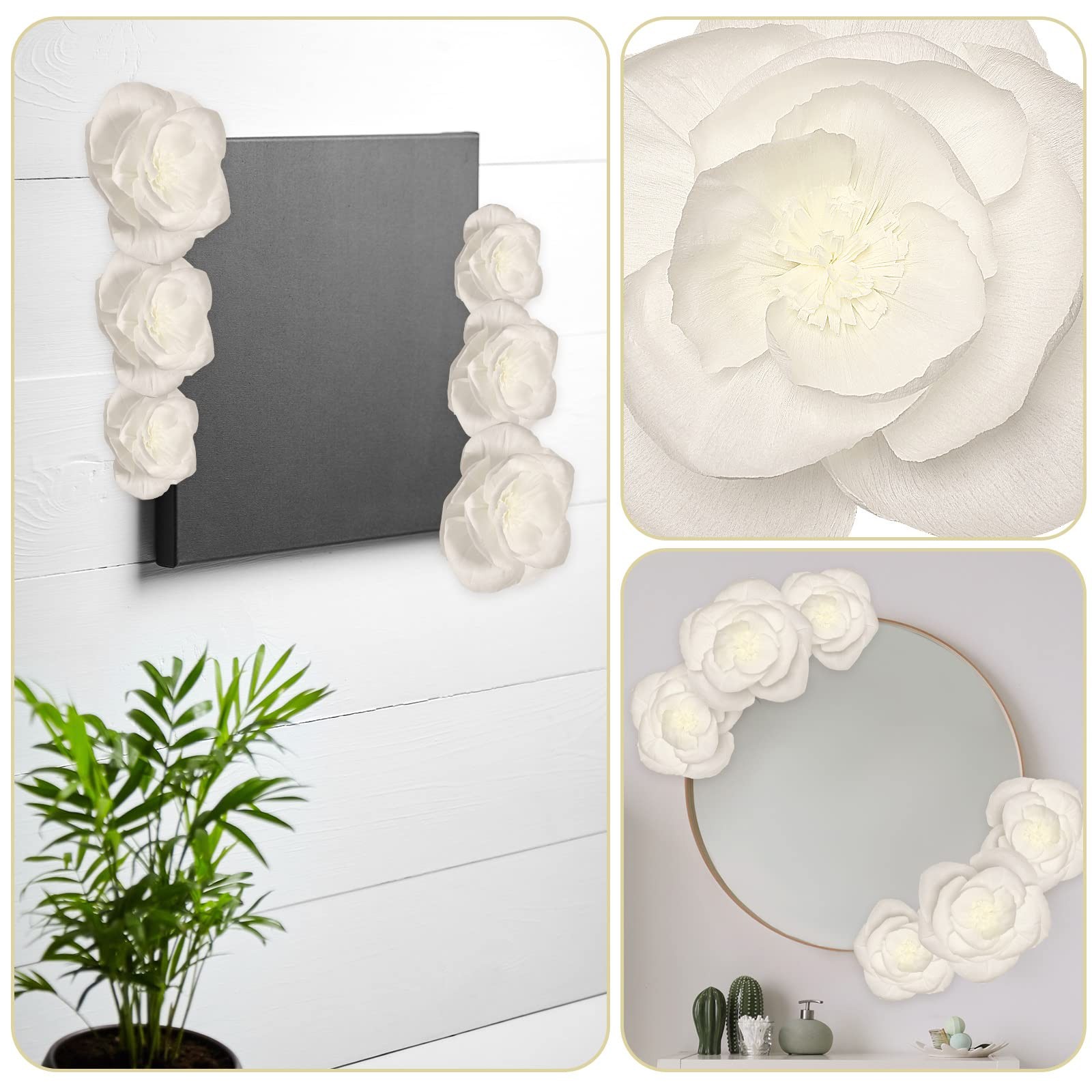 6 Pcs Extra Large Jumbo White Flower Decorations for Wall with 10 Pcs Pad Lar…