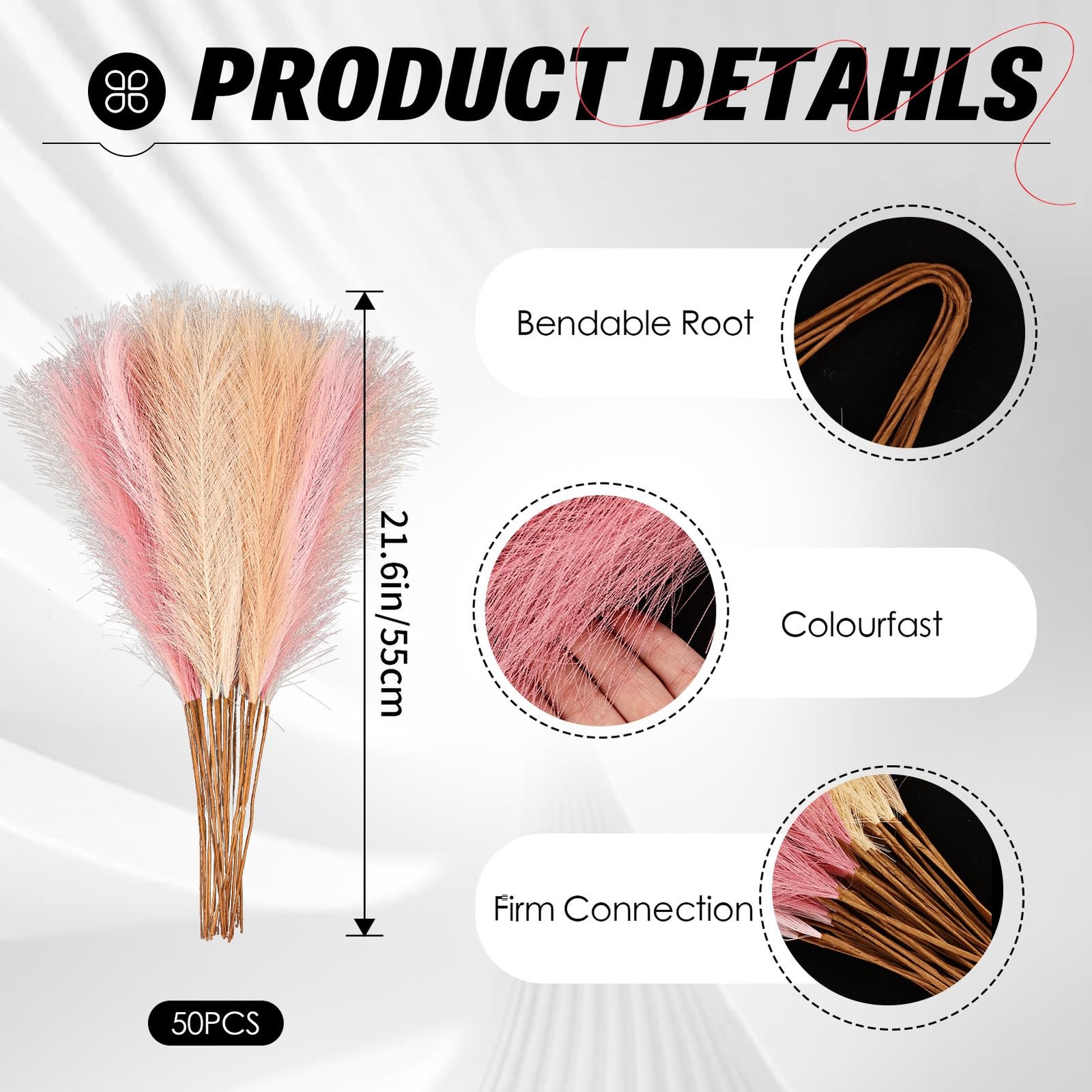 Naplings 50pcs Pink Pampas Grass 21.6 Inch Non-Shedding Faux Pampas in Light …