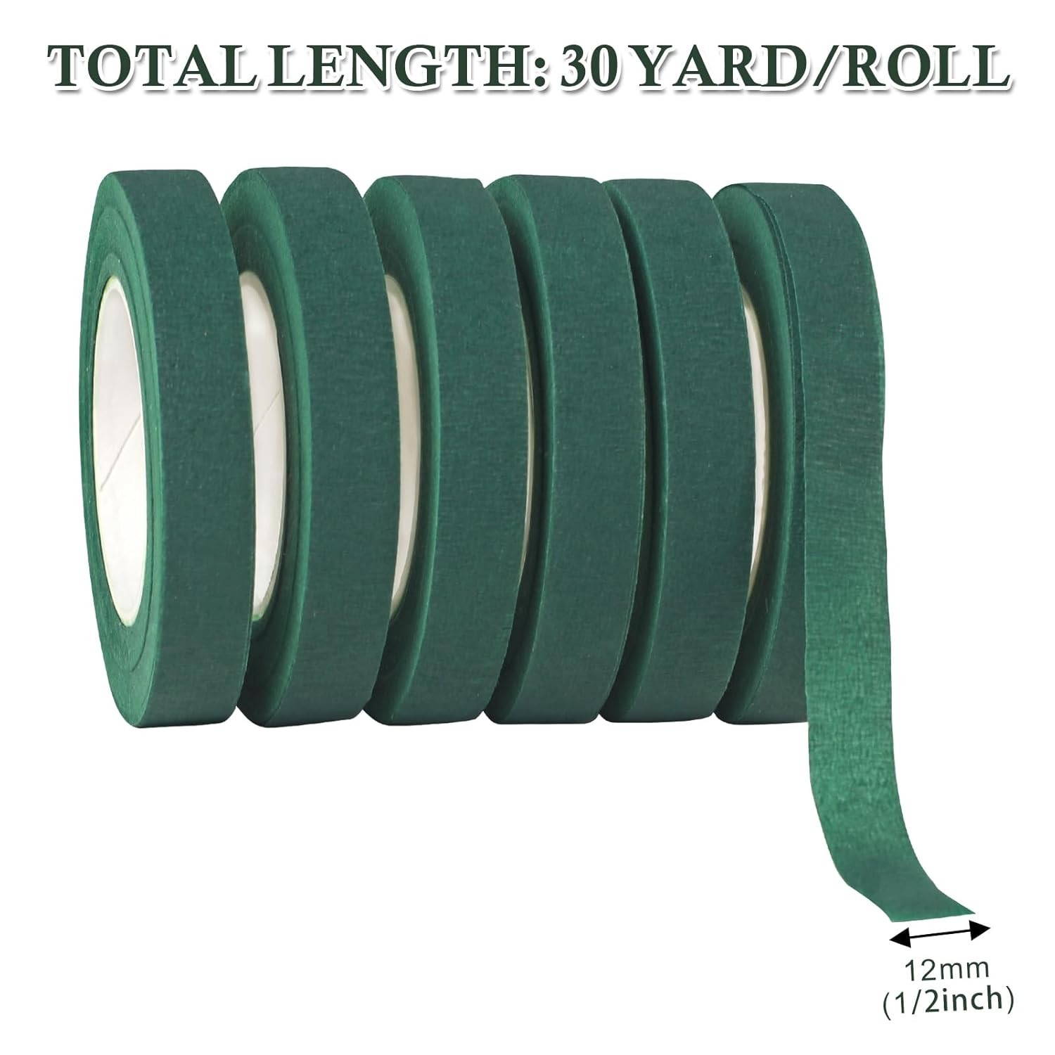 6 rollos de cinta floral de 1/2 pulgada, color verde oscuro para envolver tallos