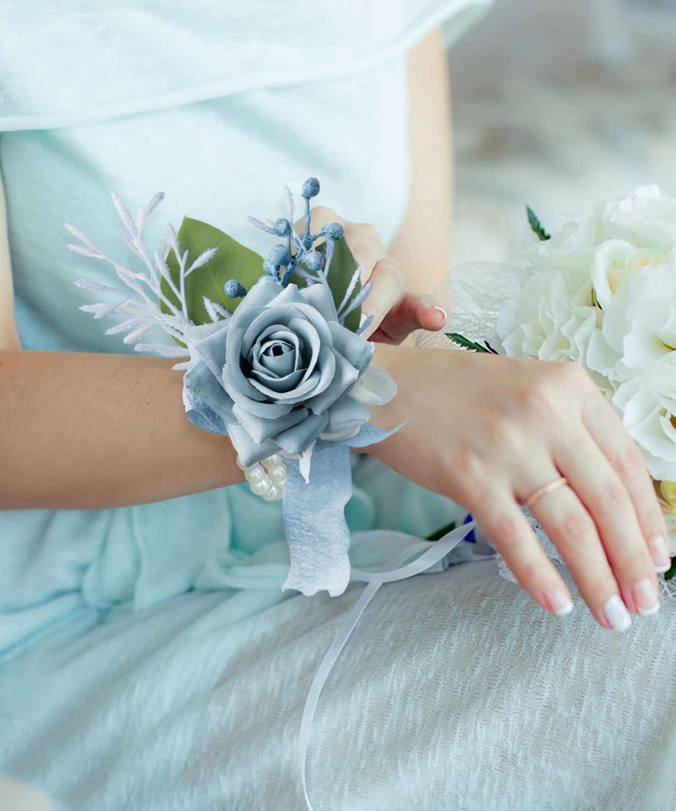 2 PCS Wrist Corsage Wristlet And Boutonniere Set Wedding Prom Dusty Blue