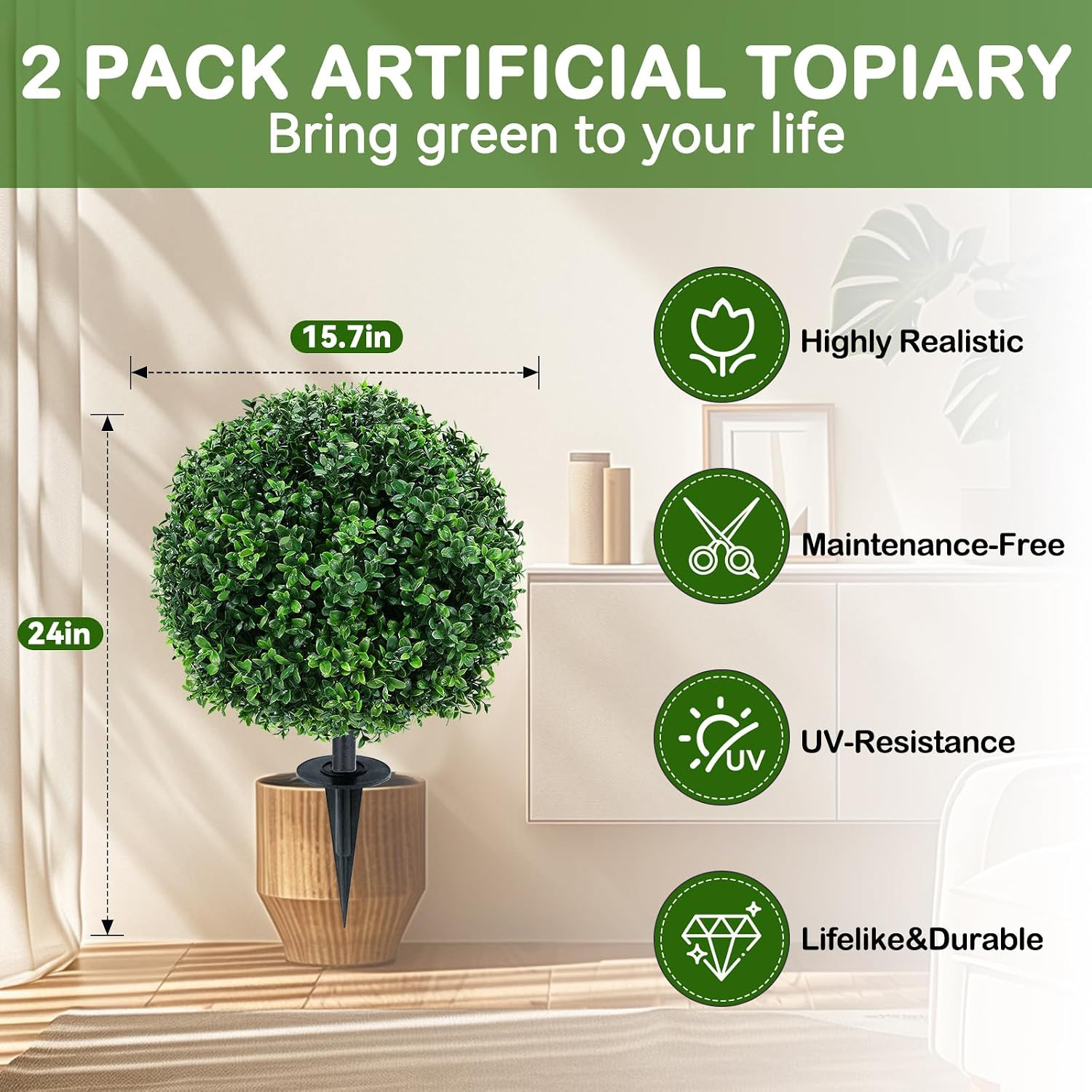 Artificial Boxwood Topiary Ball Trees with Ground Spikes UV Resistant Faux Green