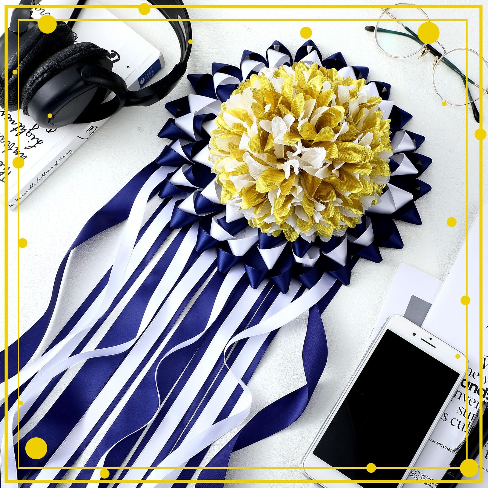 3 Pcs Gold and White Homecoming Mum Flowers 6.5″ Silk Homecoming Mum Supplies…