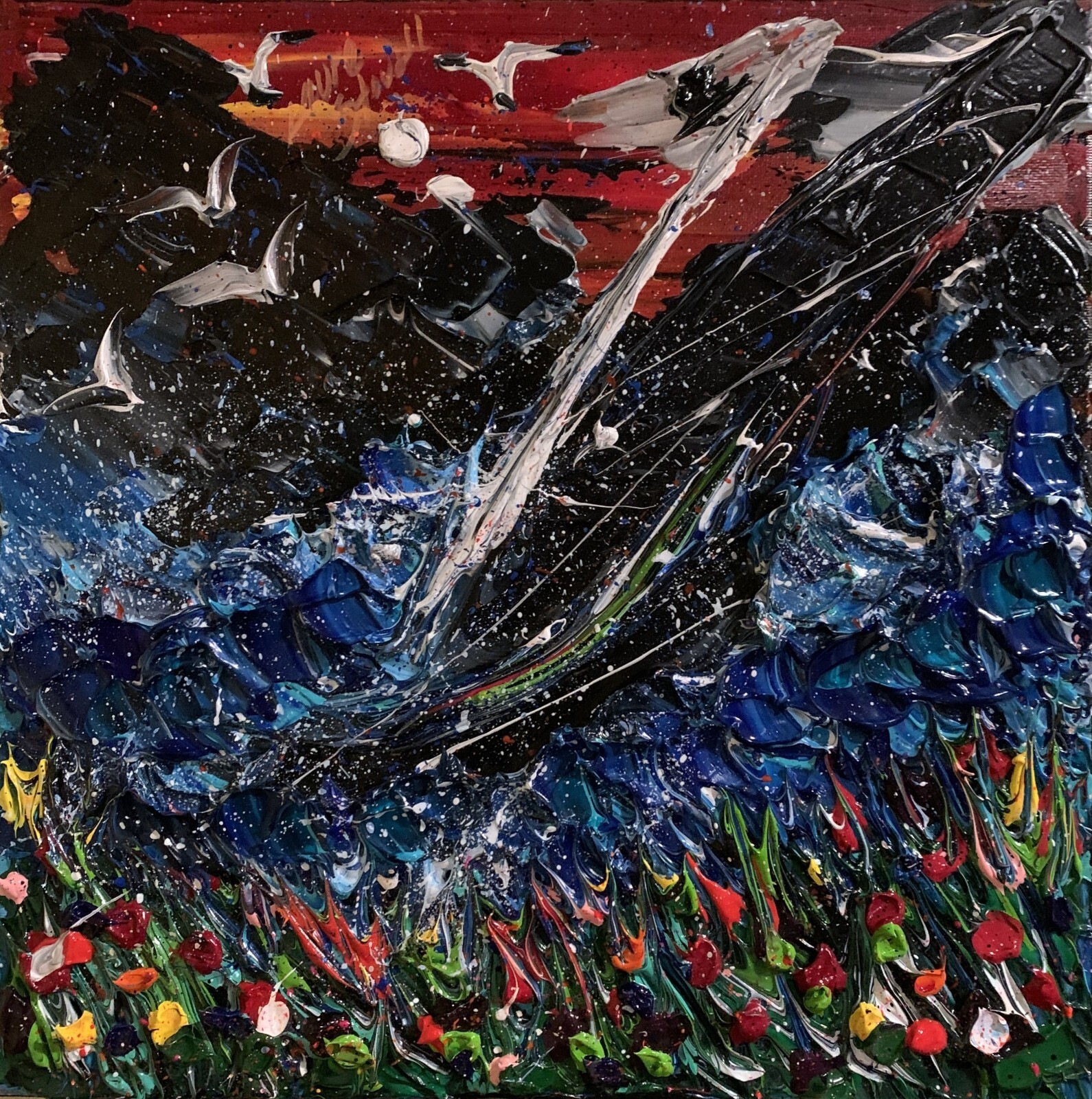Original 14×14” Abstract Thick Texture Seascape Flower Painting by Laura Stovall