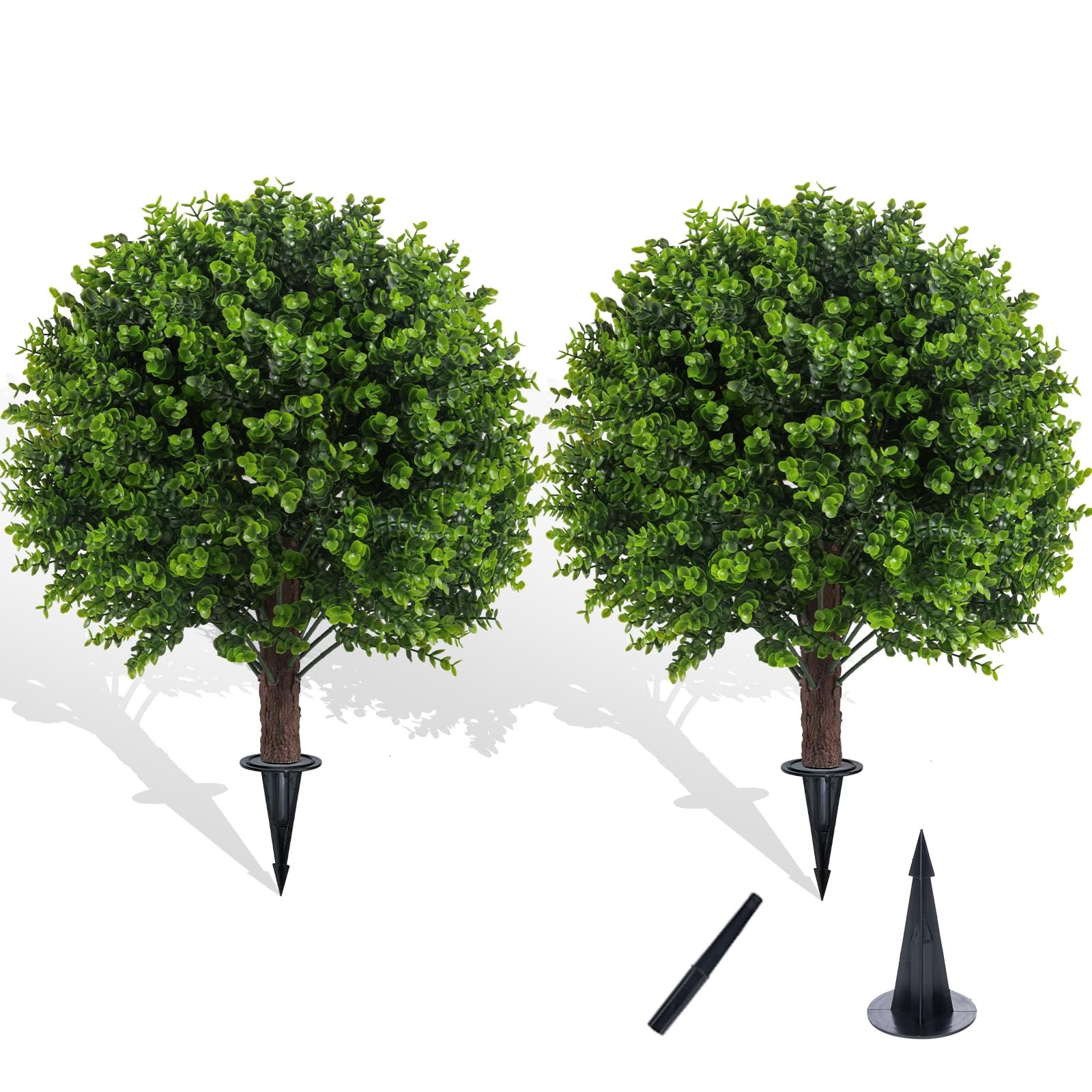 Artificial Boxwood Topiary Outdoor Plants with Spike, 2 Pack Faux Bushes UV R…