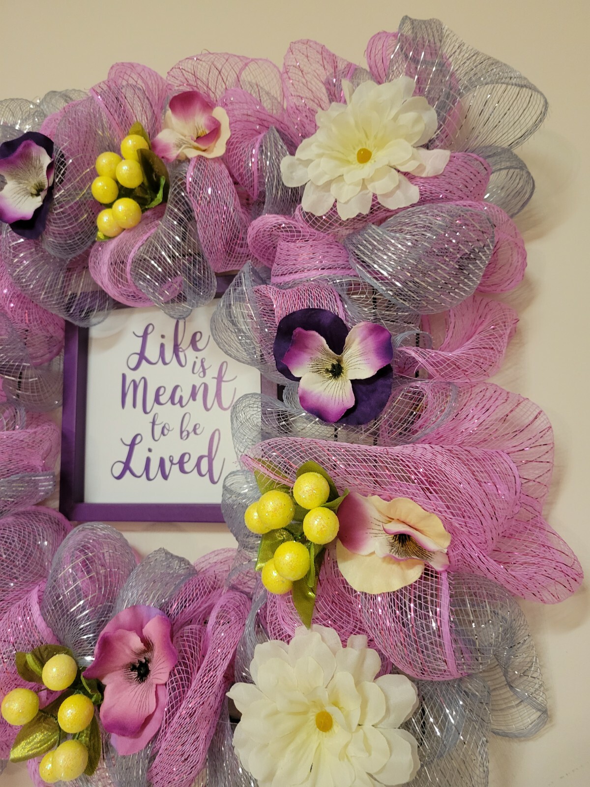 LIFE MEANT TO BE LIVED pink gray purple SUMMER SPRING FALL Door Wreath Square