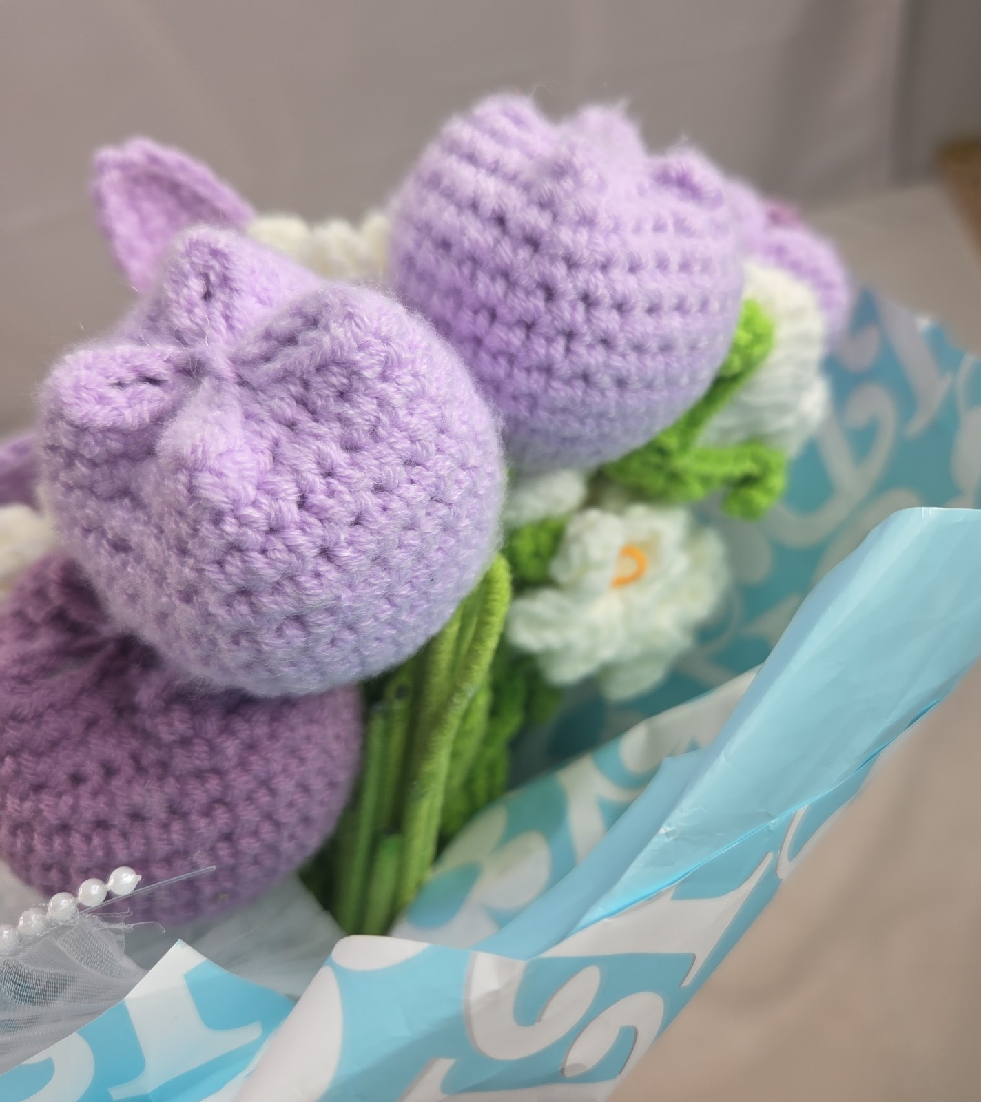 Crochet Flower Bouquet Purple Handmade Knitted Flowers Rose Tulips Bunch Bundle