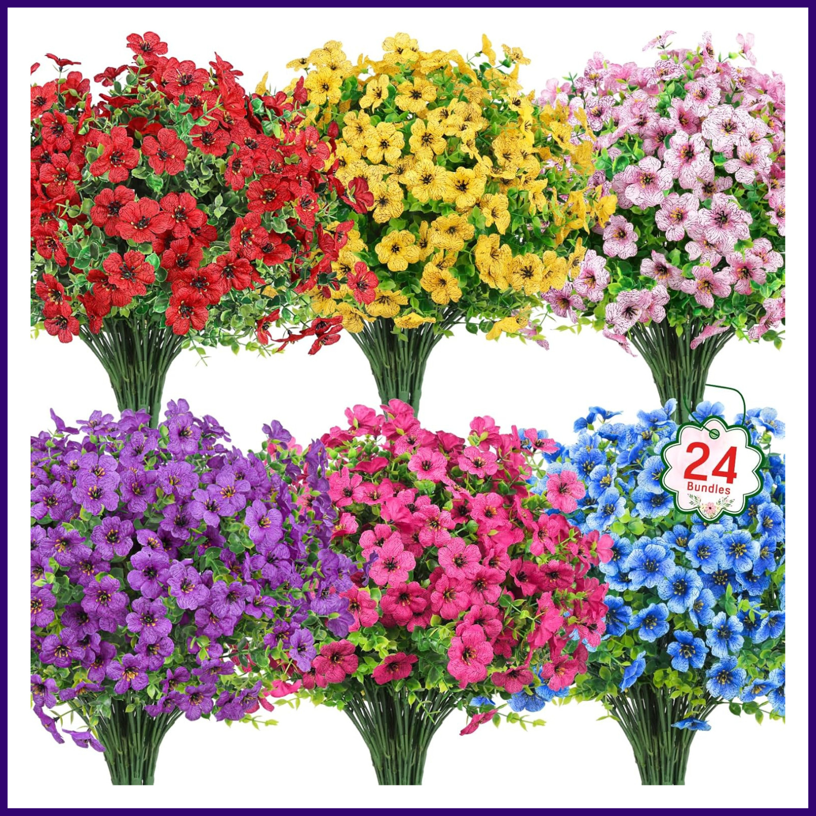 24 Bundles Artificial Outdoor Flowers UV Resistant Faux Silk Plastic Plants