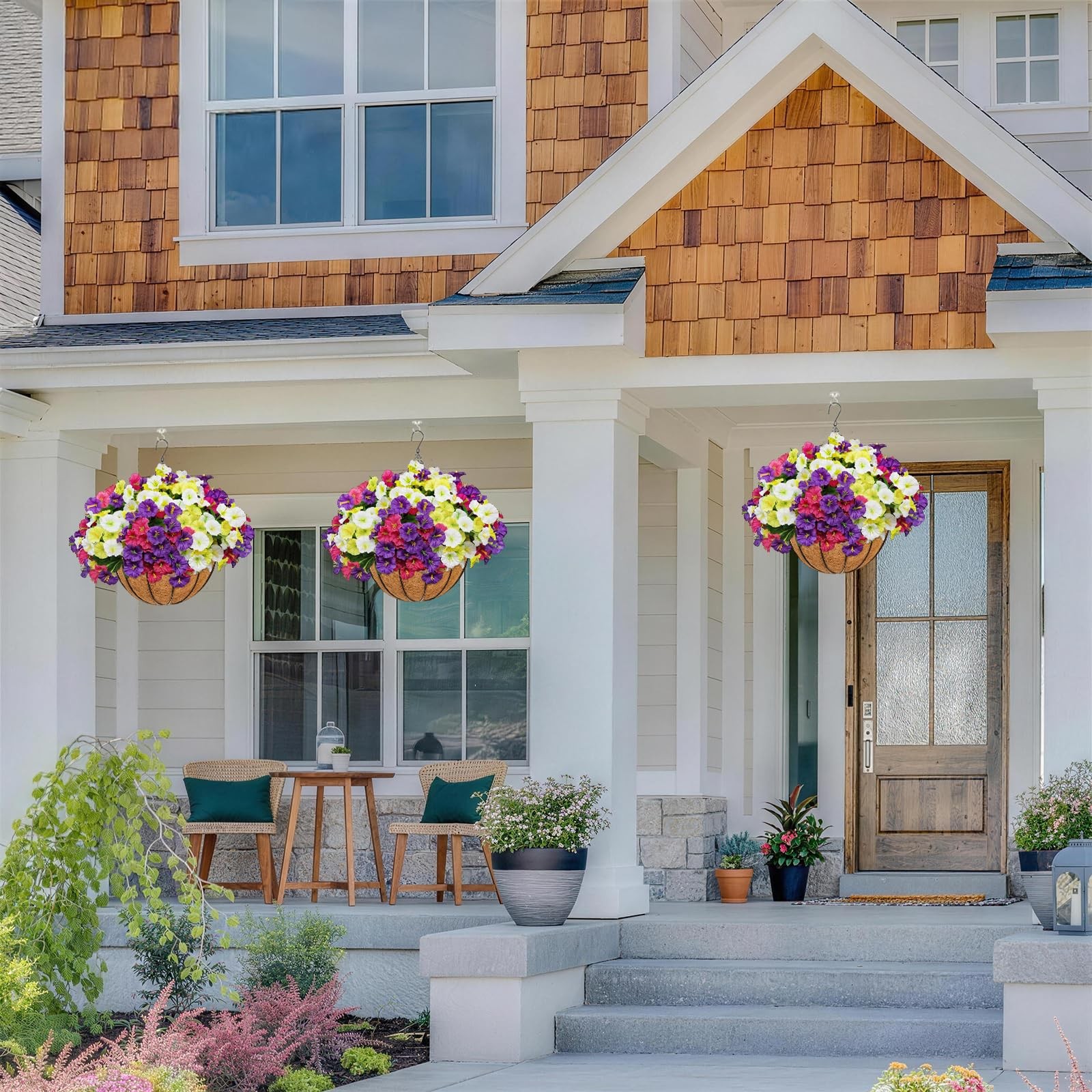 2 Set Artificial Hanging Flowers with Basket for Outdoor Spring Summer Decor …