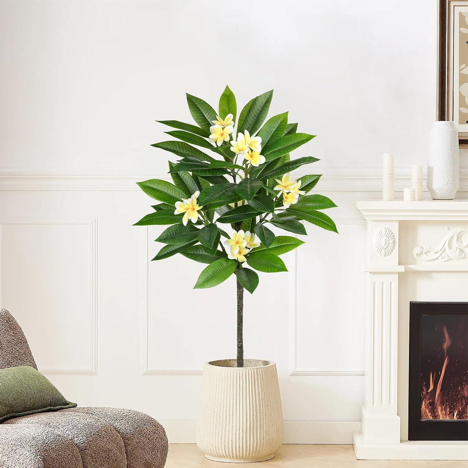 Artificial Plants Indoor 4.17ft Fake Tropical Plumeria Flowers Tree in Black Pot