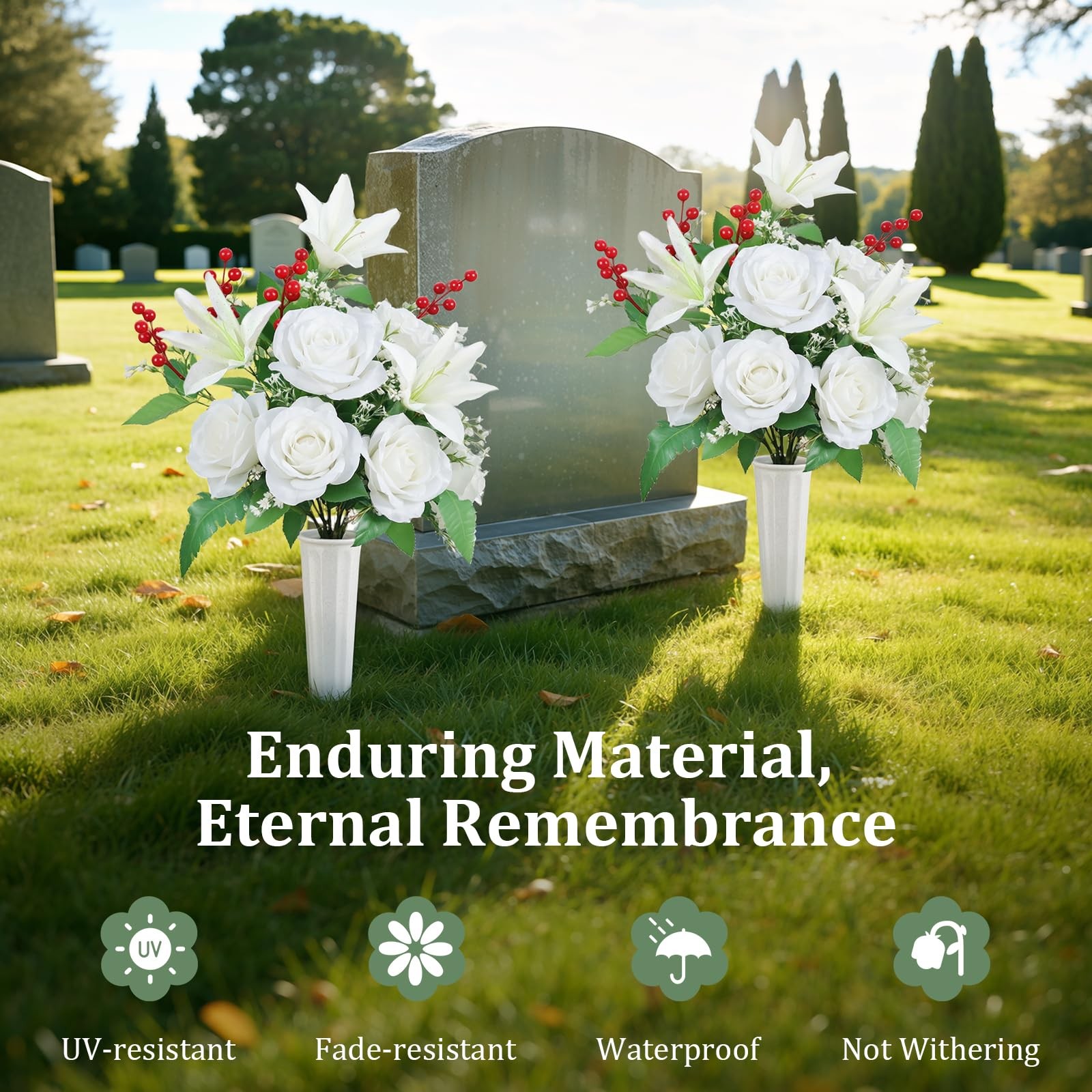 Artificial Cemetery Flowers with Vase, 2 Sets Outdoor Grave Decorations UV Re…