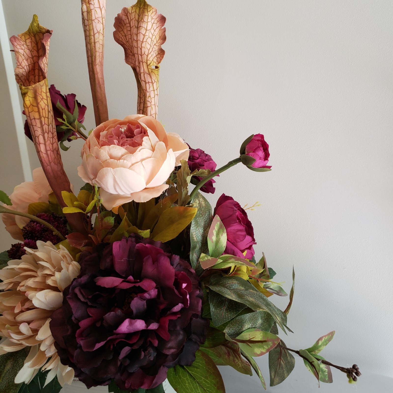 Handmade Silk Flower Centerpiece, Deep Purple Hydrangea, Blush Rose & Mum