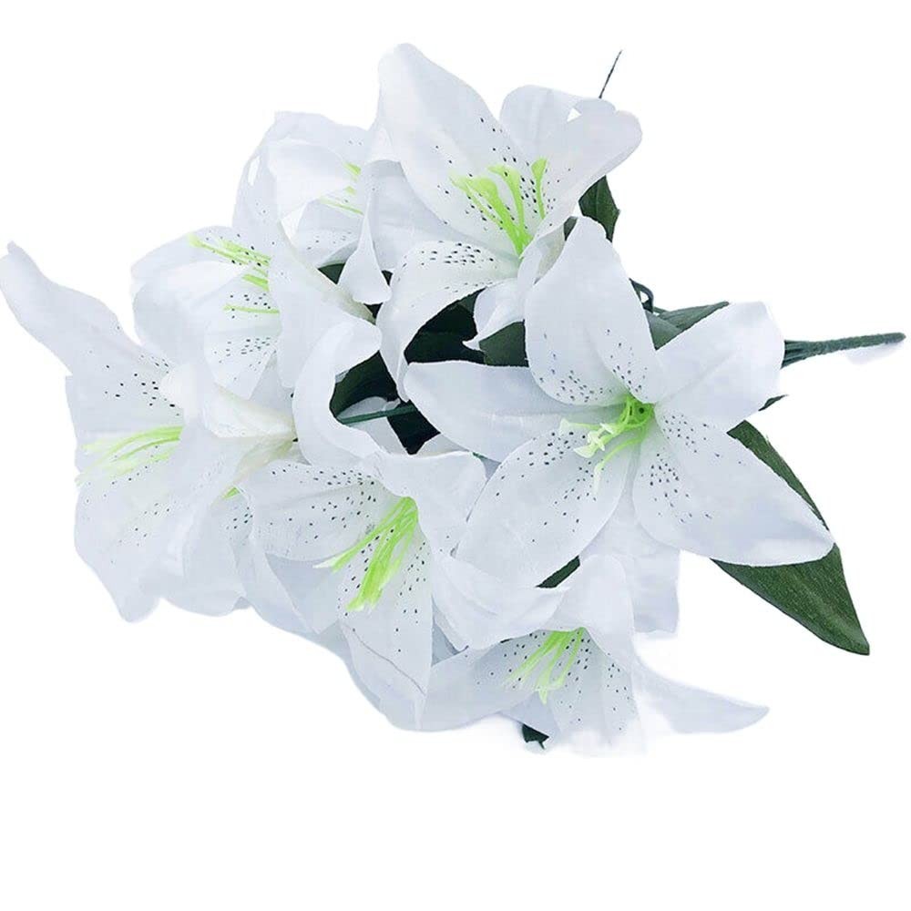 2 Bouquets 10 Heads Silk Lilies Artificial Flowers Fake Wedding White 17.7 In