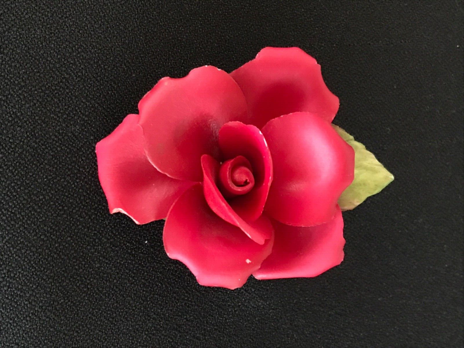 VINTAGE PORELAIN RED ROSE FLOWER WITH GREEN LEAF, ITALY