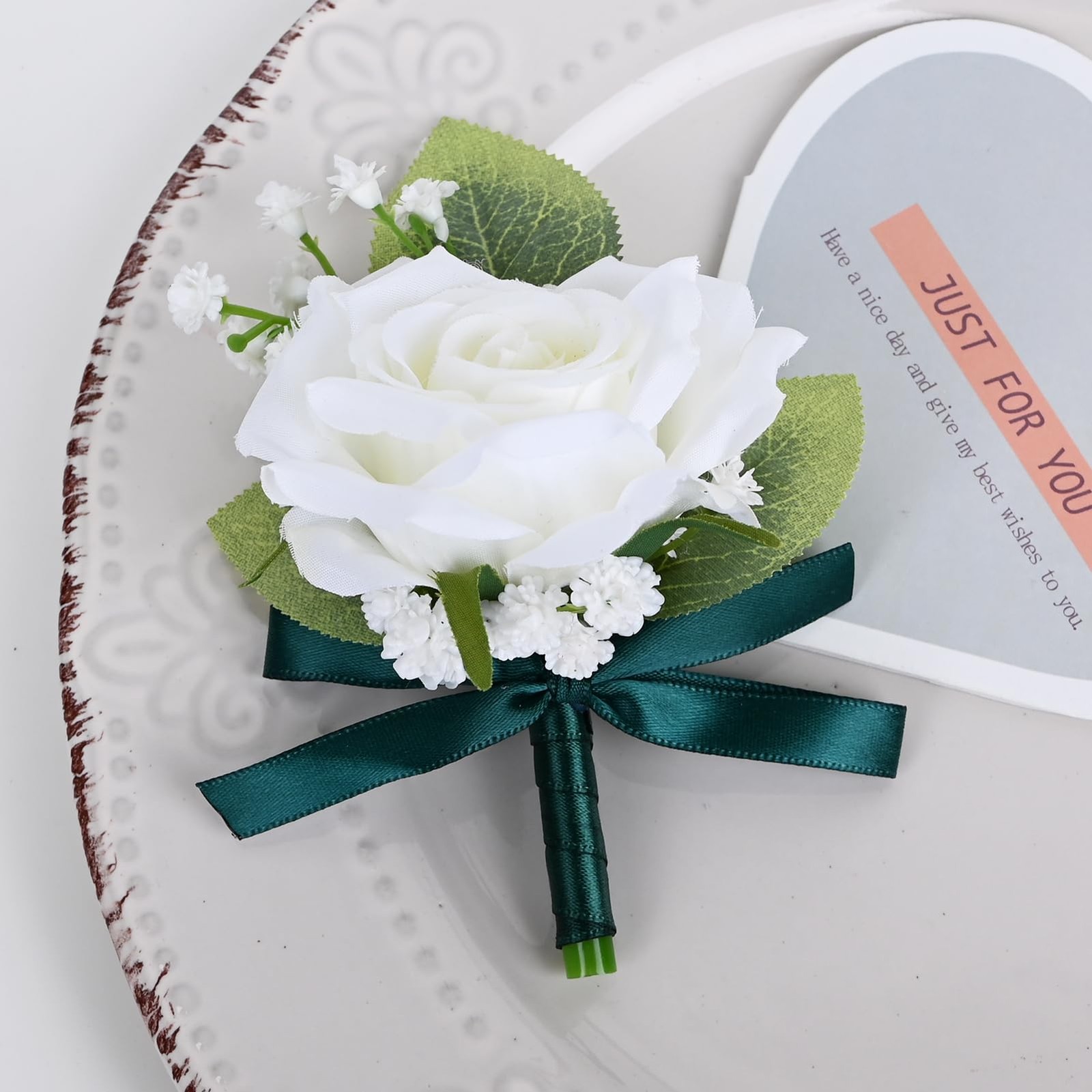 2 PCS White+Dark Green Artificial Wrist Corsage Boutonniere Set Prom