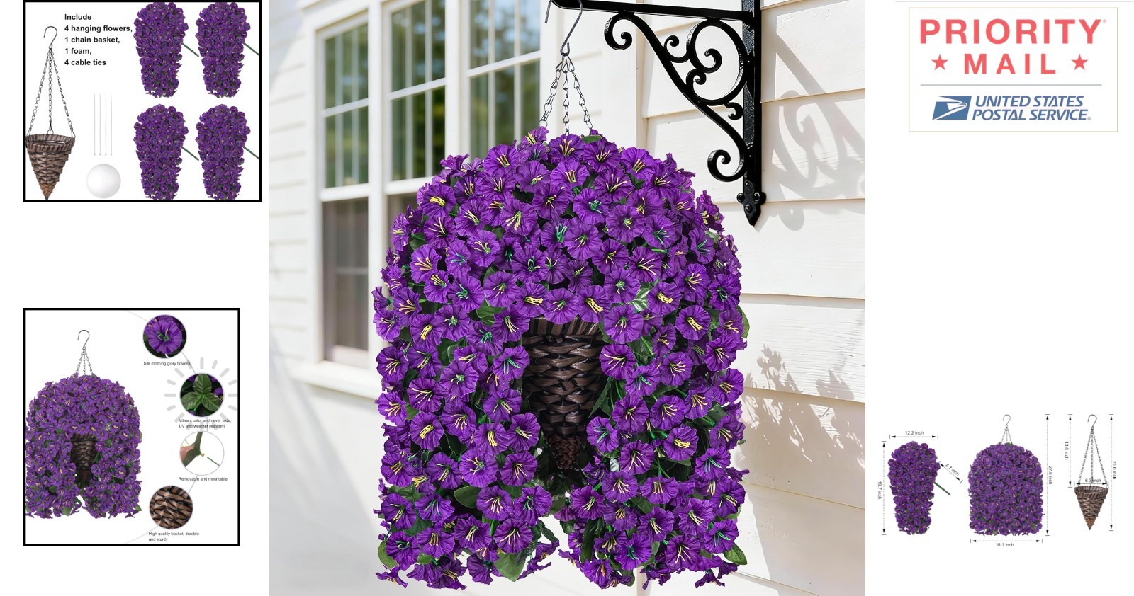 Faux Hanging Plants Flower Basket Outdoor Decoration Purple Morning Glory 11 cm