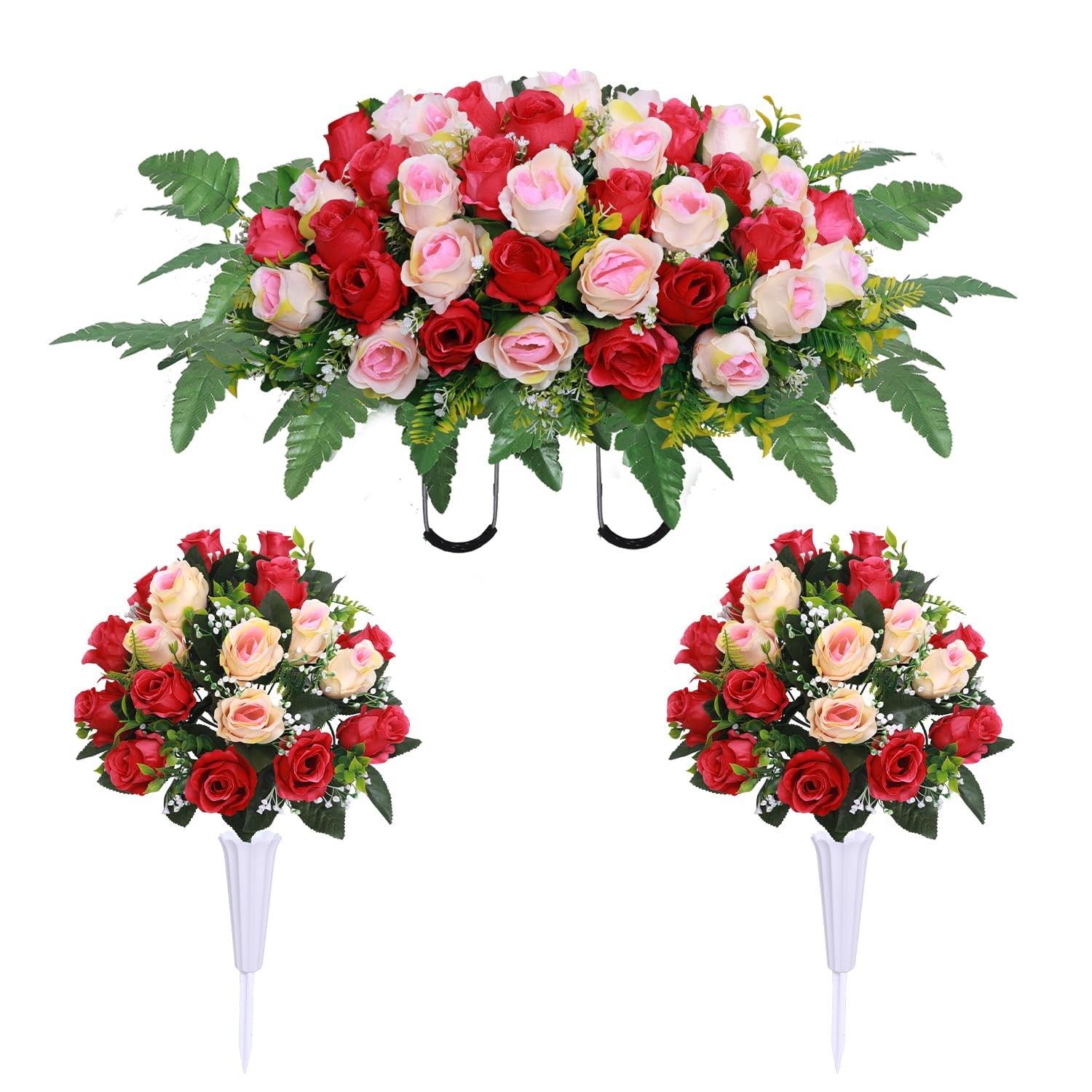 Artificial Cemetery Flower Saddles 3 Pcs Rose Headstone With Vase Red White