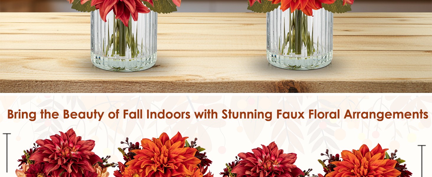Faux Fall Flowers in Vase, Artificial Dahlia & Mum Silk Floral Arrangement with