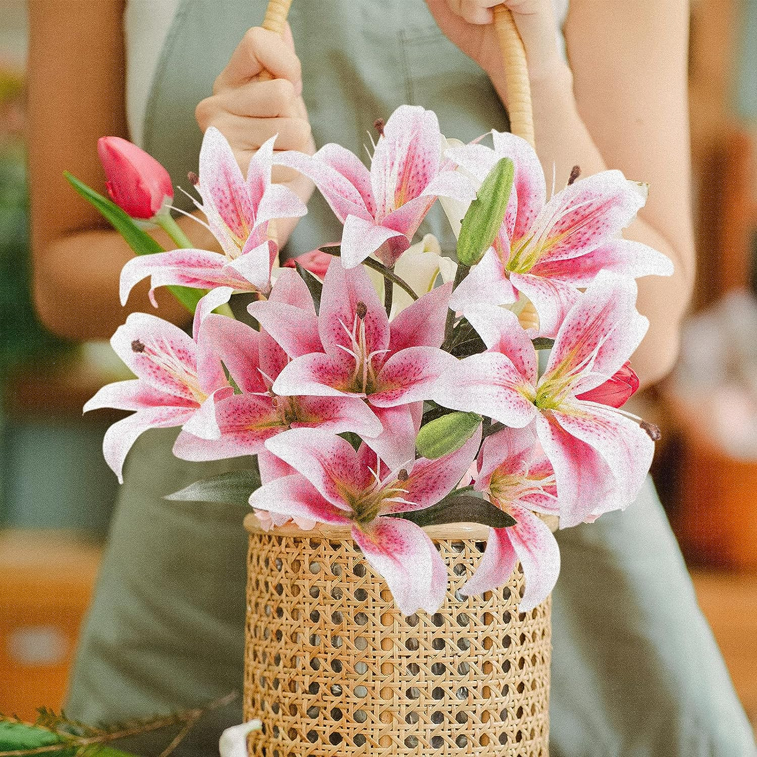 12 Heads Artifical Lily Flowers, Long Stem Artificial Stargazer Lilies with 9…