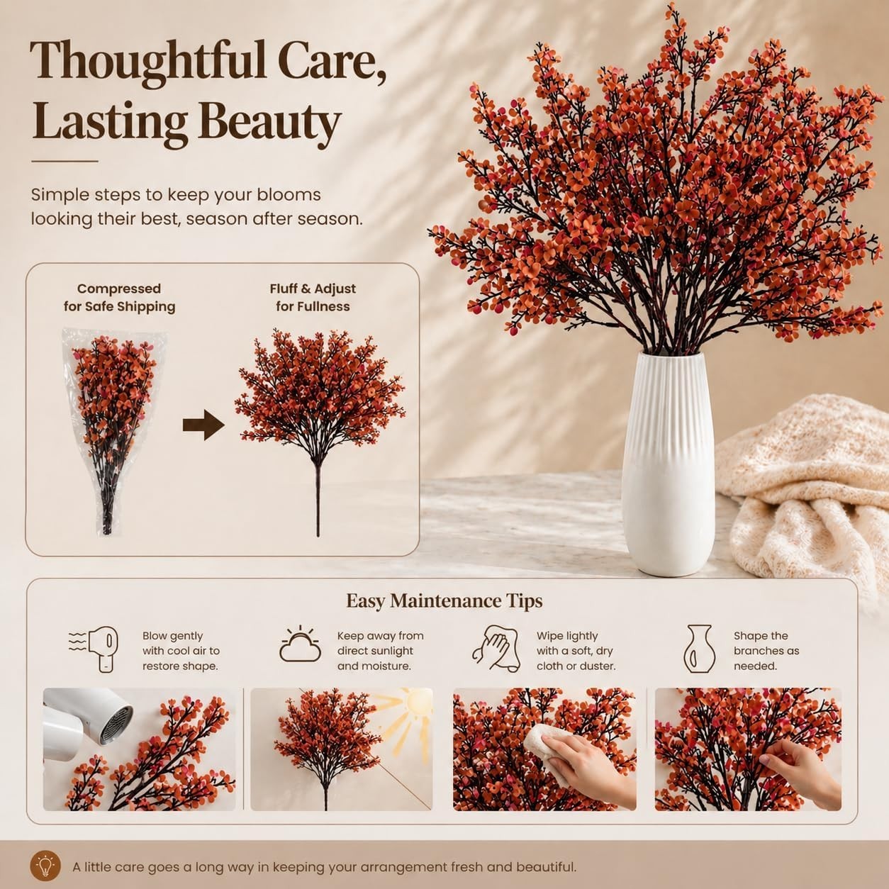 6 Bundles Burnt Orange Flowers Silk Babys Breath Artificial Flowers Fall Flow…