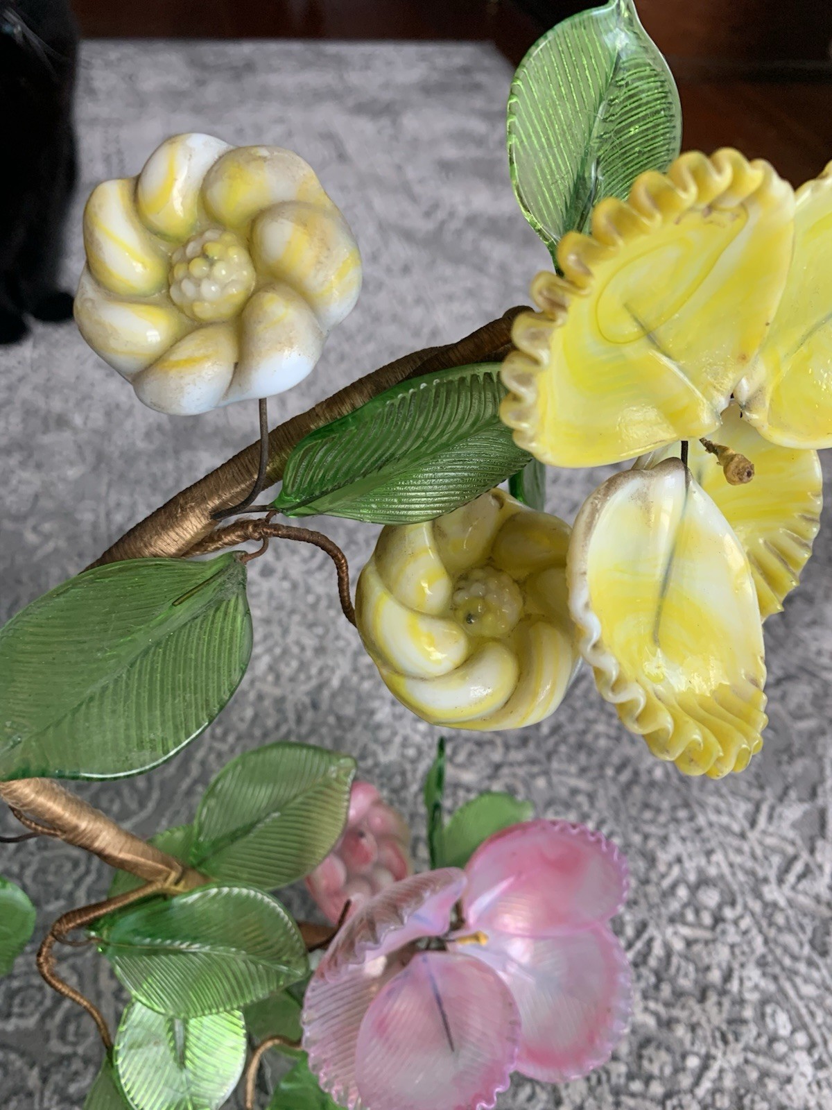 Vintage Art Glass Wired Blue Yellow Green Floral Bouquet Adjustable RARE