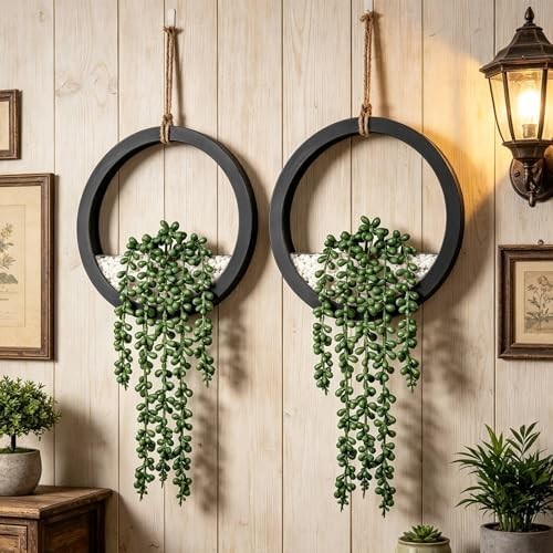 Boho Wall Decor, 2Pcs Fake Hanging Plants Artificial Succulents, Indoor Hanging