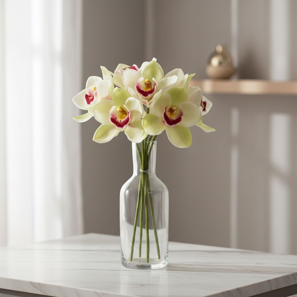Artificial Cymbidium Orchid Stems Cream Green Burgundy Faux Orchid Bouquet Reali
