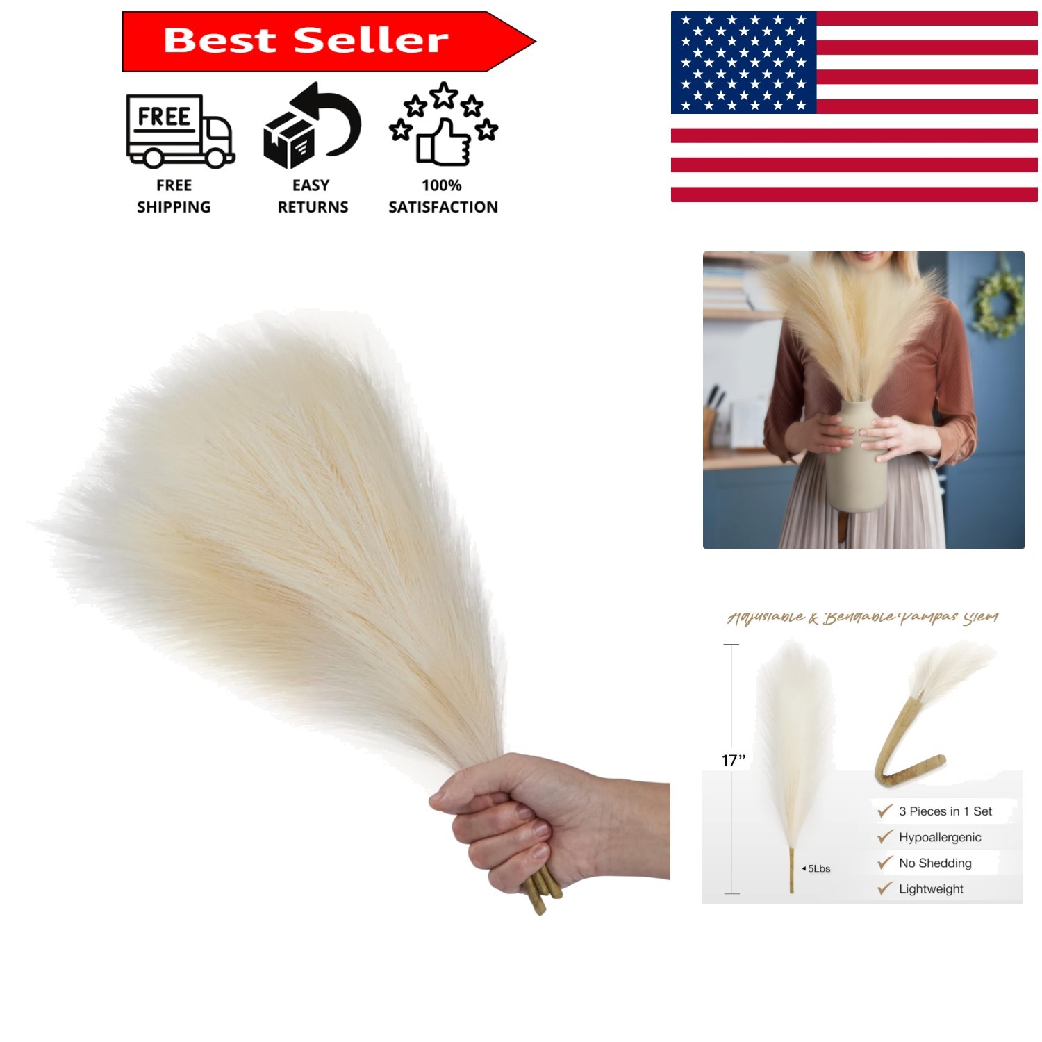 3pcs 17” Faux Pampas Grass Stalks – Elegant Artificial Decor, Beige/Off White