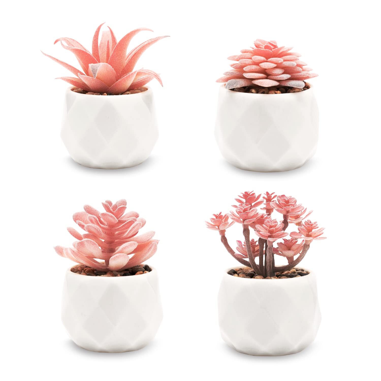 Mini Succulents Artificial Plants 4 Pack Rose Pink White Ceramic Pots Small