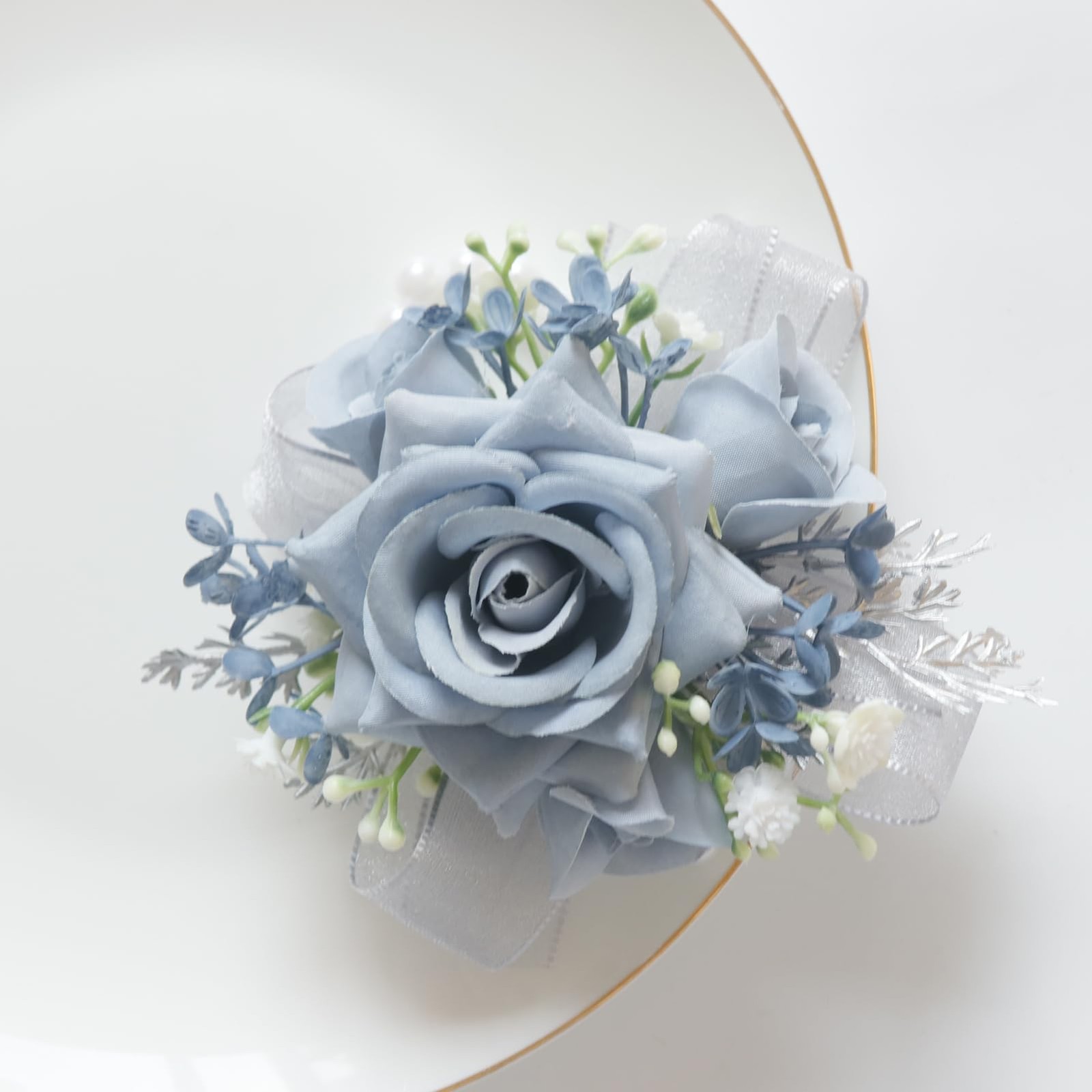 Wrist Corsage Boutonniere Set Artificial Rose Flowers Groom Bride Dusty Blue