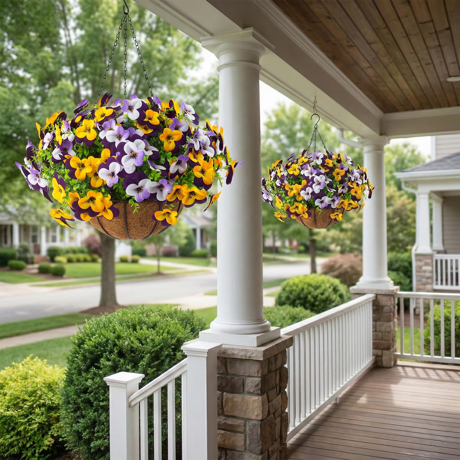 2 Set Artificial Outdoor Pansy Flowers with Hanging Baskets, 2 Hanging Basket…