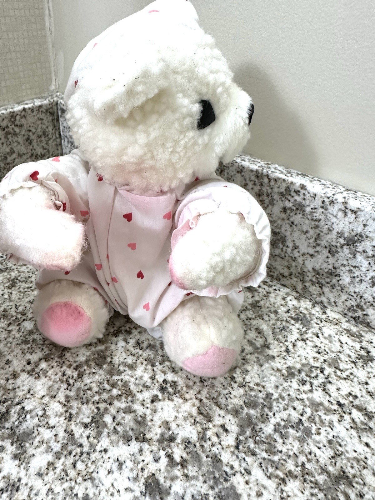 New Stunning Plush Bear In Pj With Satin Flower Arrangement In Red Heart Vase