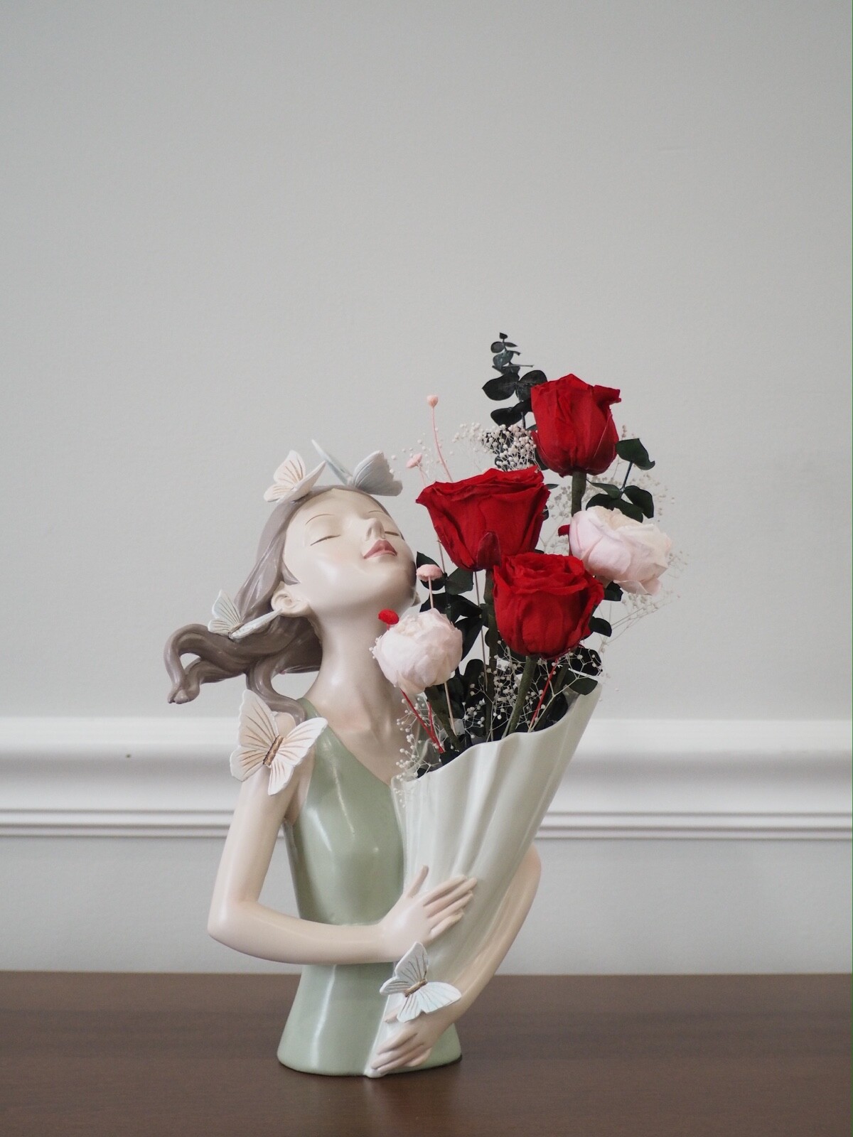 Preserved Flowers in Butterfly Girl Resin Vase, Floral Gifts for Loved Ones
