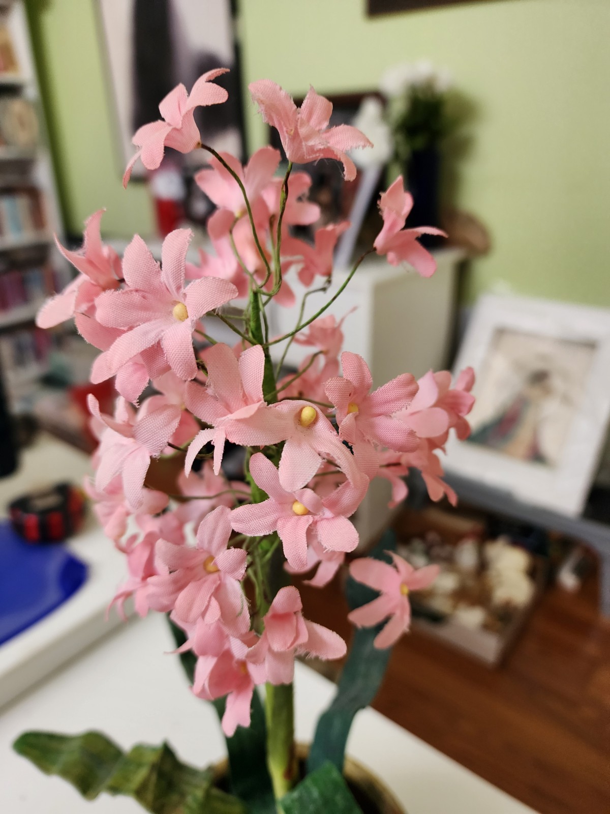 Vintage Artificial Pink Hyacinth Floral Arrangement Primitive Pottery Decor