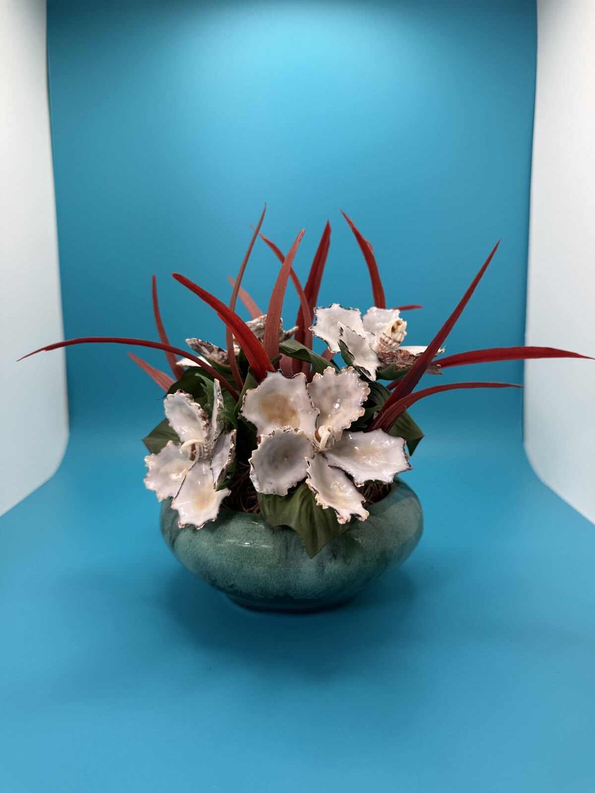 Handmade Seashell Flower Arrangement with Realistic Detailing in Ceramic Base