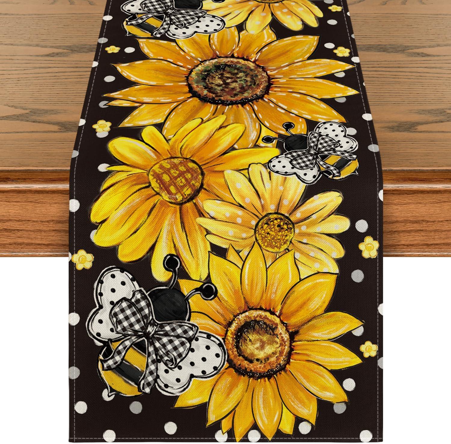 Black Sunflower Bee Flower Polka Dot Summer Table Runner, Seasonal Kitchen Dinin