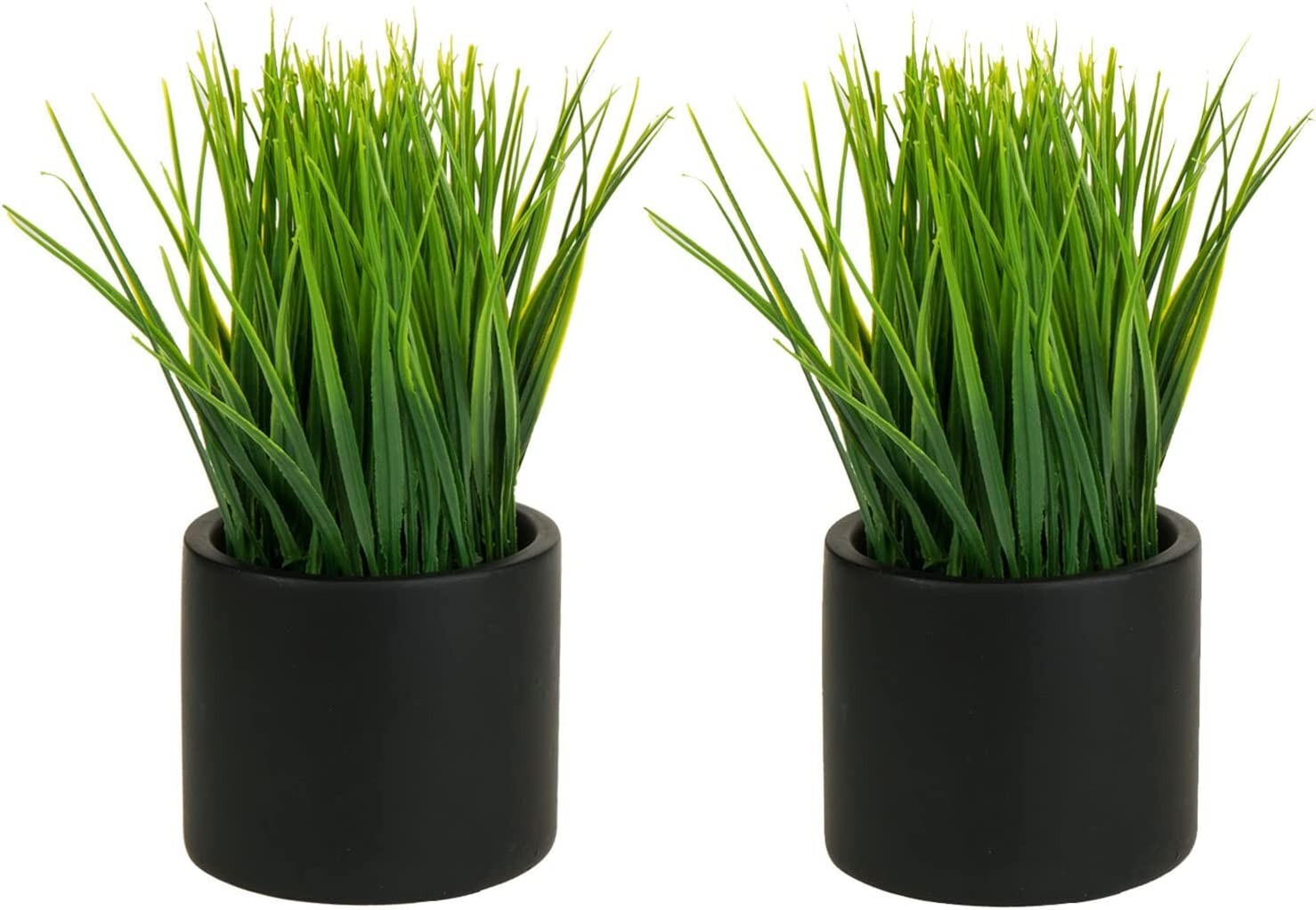 Artificial Grass Fake Plant in Modern Round Black Cement Pots, Pack of 2