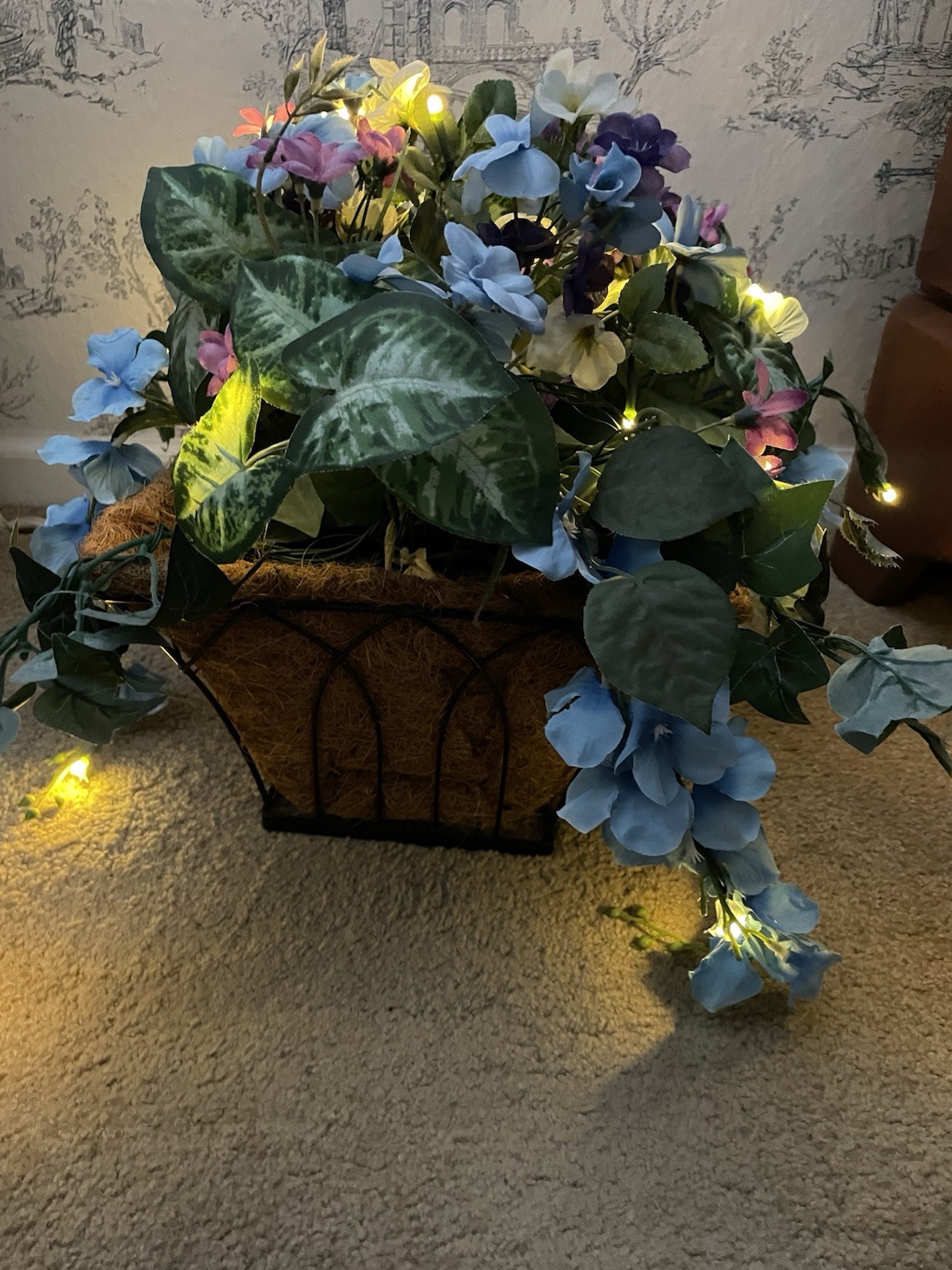Artificial Hanging Floral Plant Basket Outdoor Lighting Decor Led w/ Timer