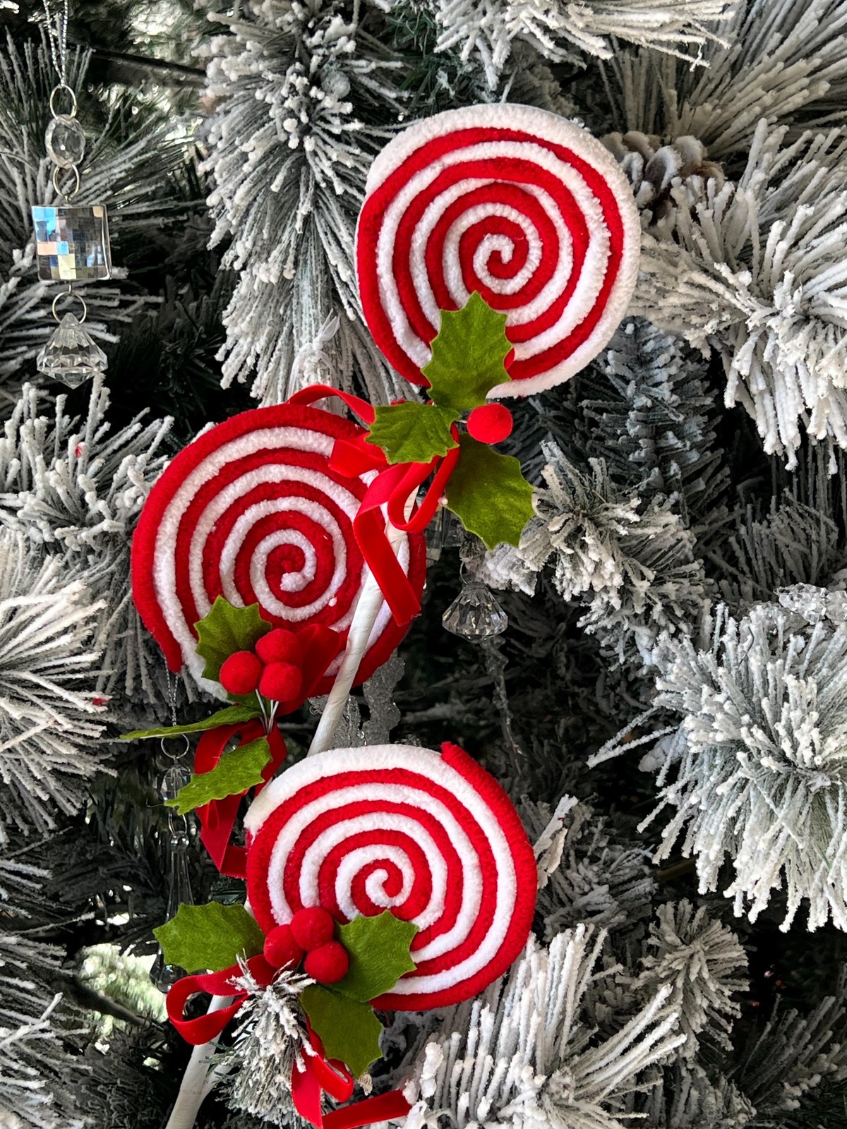 Red Candy Lollipop with Pom Pom Holly Spray Stem Pick Christmas Craft Supplies
