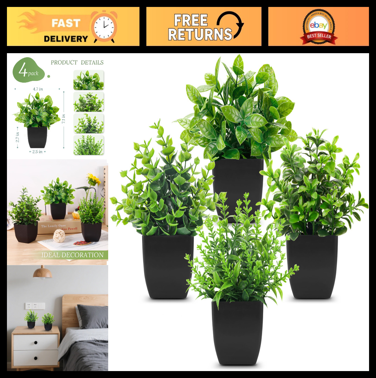 4 Pack Black Faux Plants – Realistic Gothic Decor for Halloween, Office, Shelf &