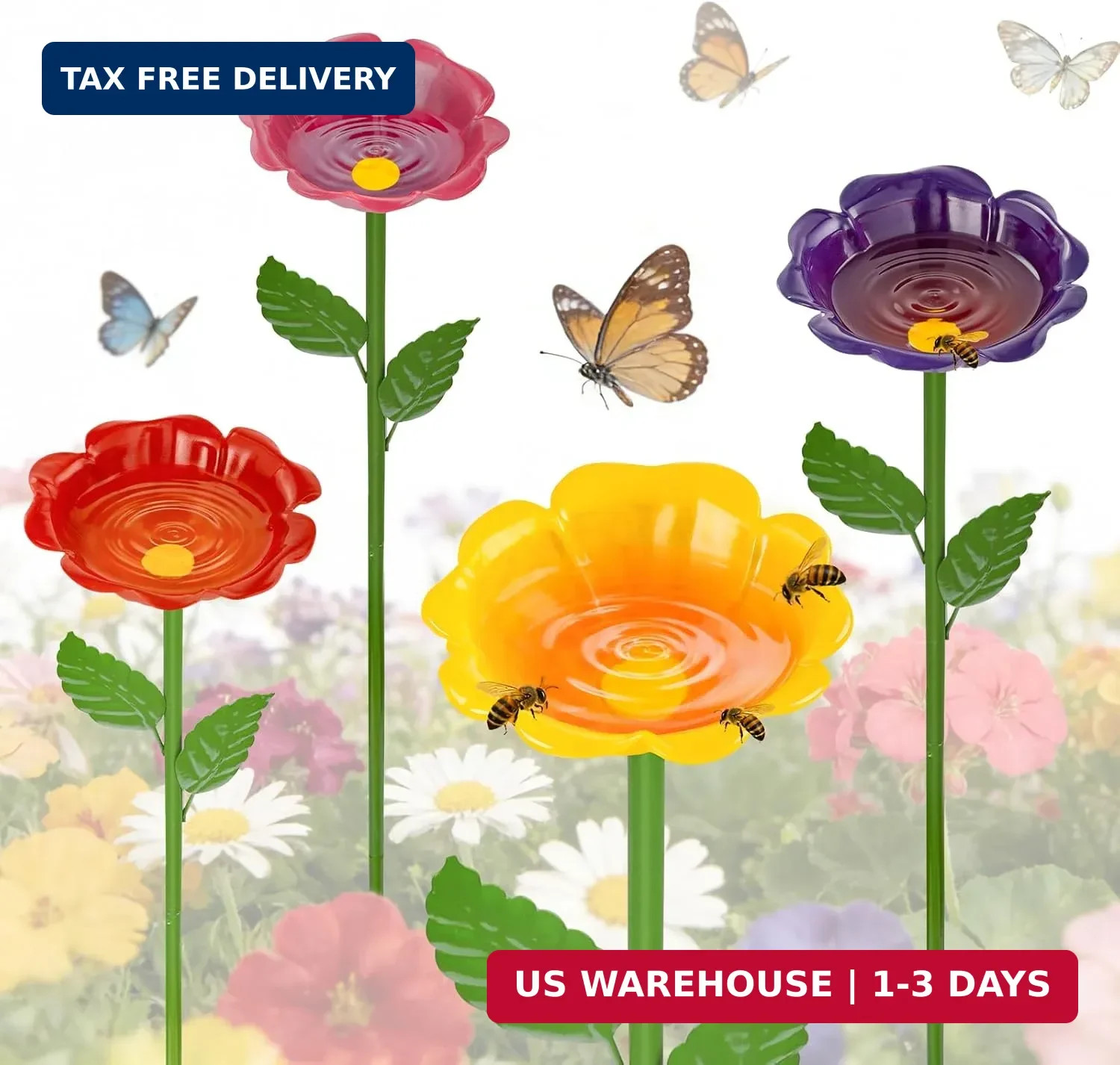 Mellbree Bee Watering Station, 4-Pack Metal Flower Bee Bath for Garden – Butterf