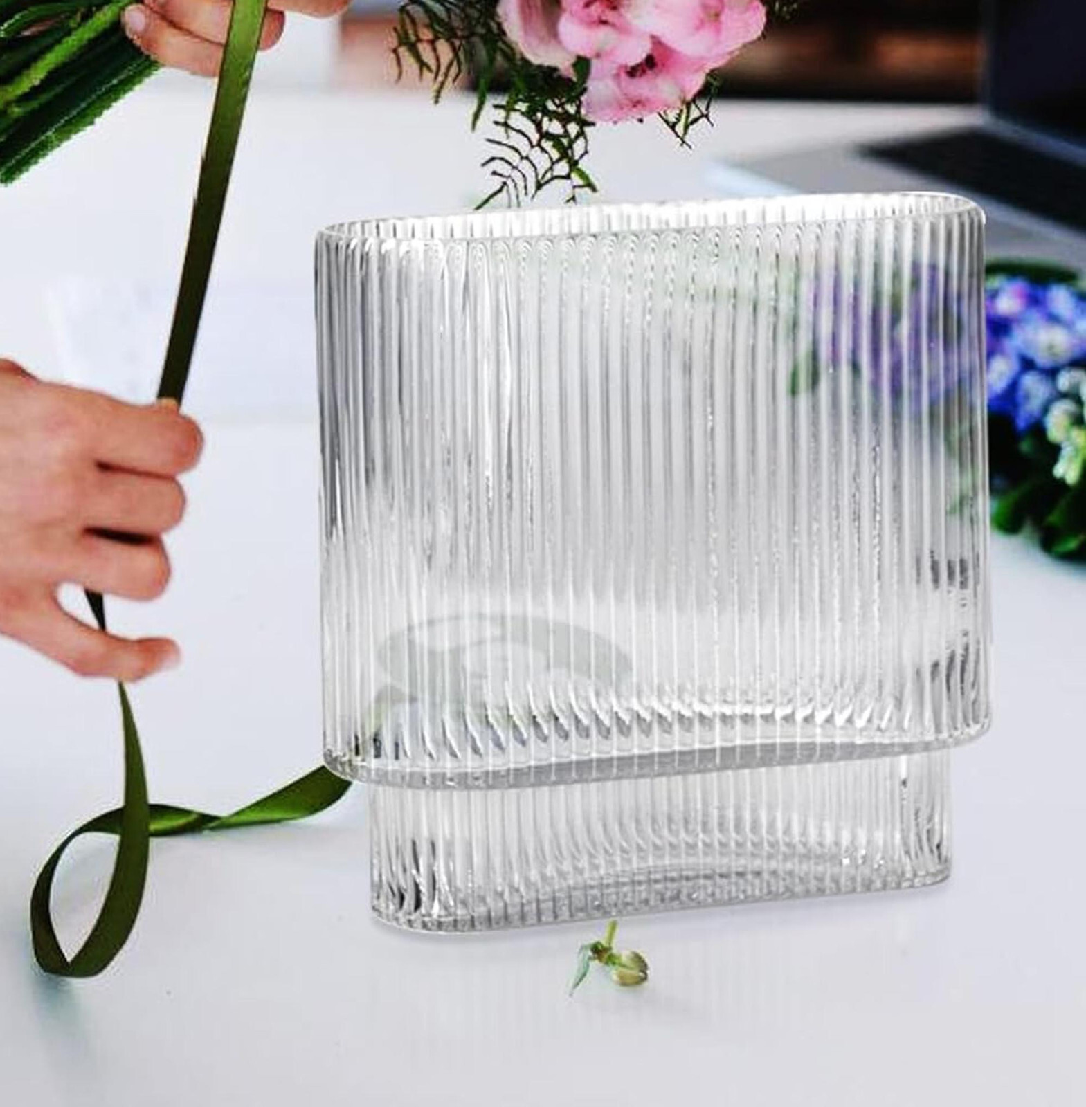 Custom made Lush Luxurious flower arrangements In a Mid century Ribbed Vase