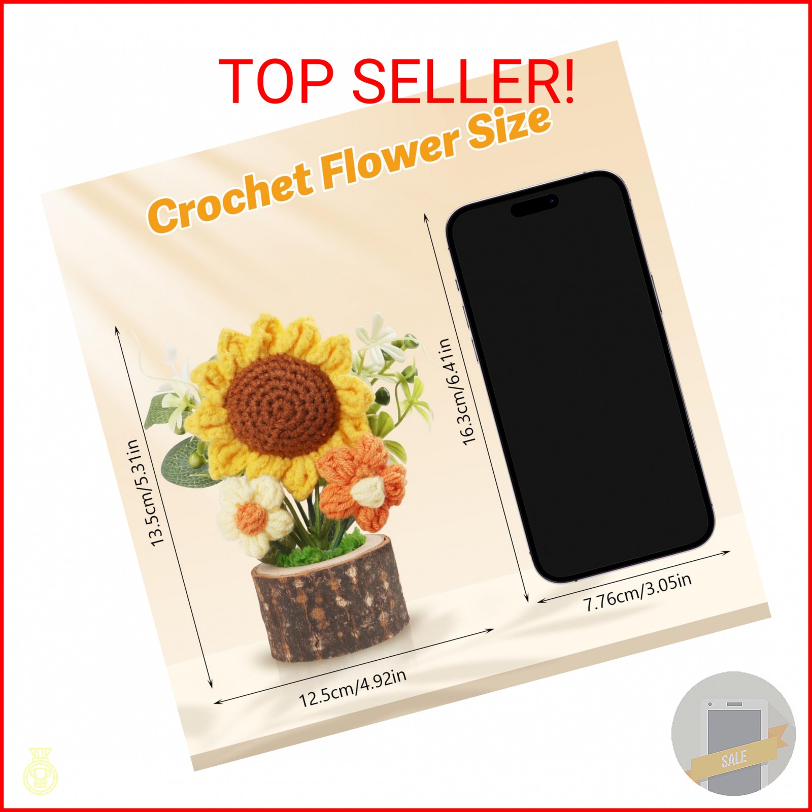 STEFORD Handmade Knitted Sunflowers, Cute Crochet Flowers Bouquet with Wooden Po