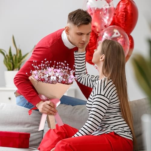 Valentines Day Decorations Artificial Heart Flowers Berry Stems Gifts, 6 Packs