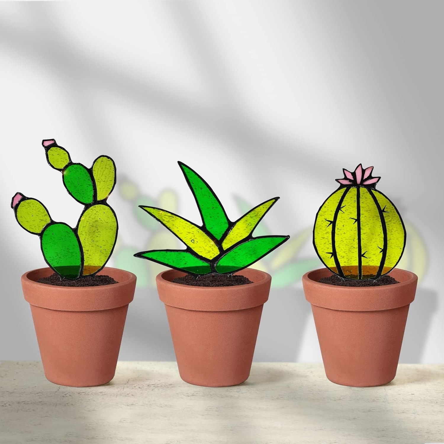 Mini Cactus Stained Glass Suncatcher for Indoor Outdoor Decor Green Pink