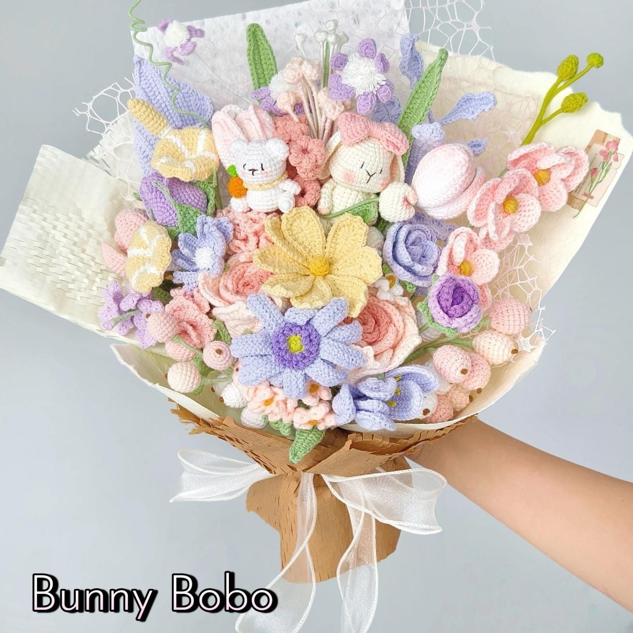 Crochet Flower Bouquet Handmade Yarn Birthday Artificial Flowers Gift for Her