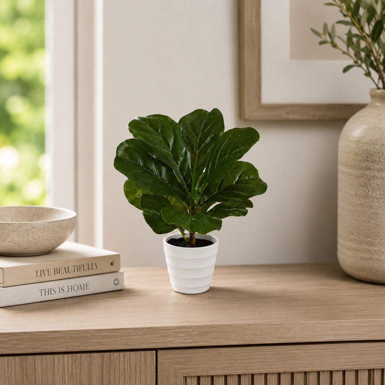 11″ Fiddle Leaf Plant in White Planter (Real Touch)