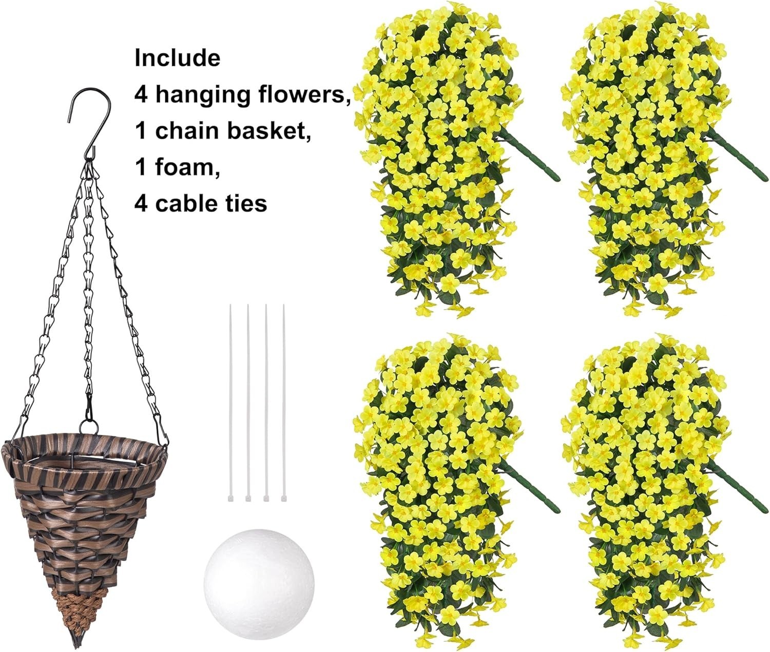 UV Resistant Faux Silk Yellow Daisy Hanging Plant Basket for -Round Decor
