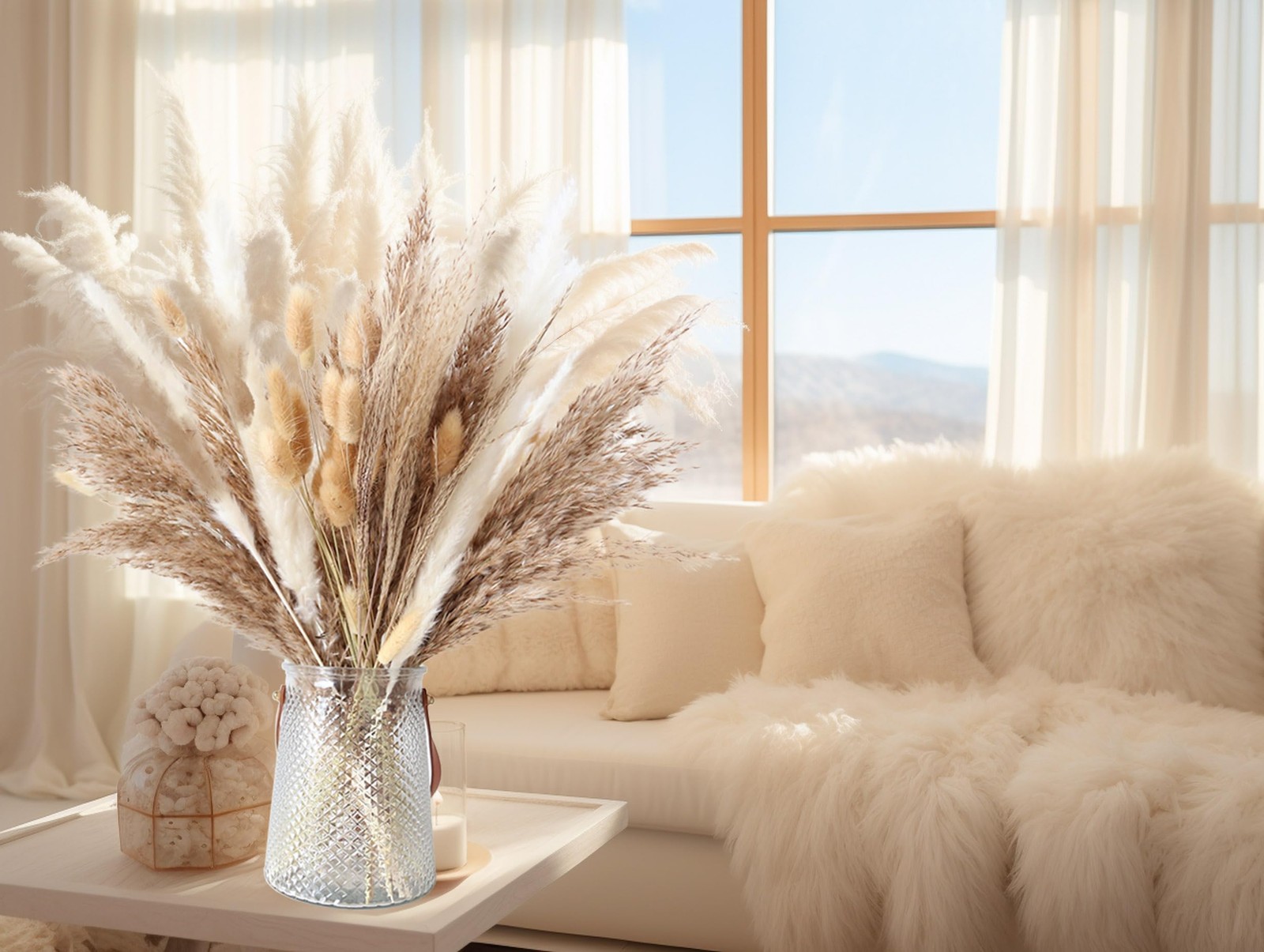 100 Stems Dried Pampas Grass, Boho Table Decor Natural Reed 100 PCS, White
