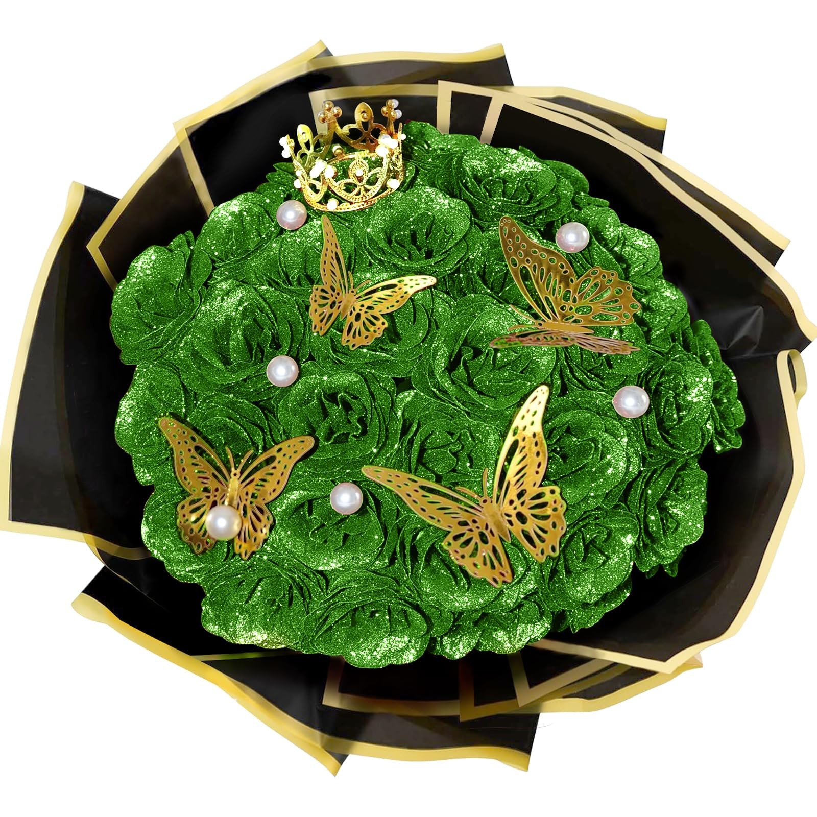 24 PCS Lime Green Shiny Glitter Roses Bouquet Everlasting Artificial Flowers