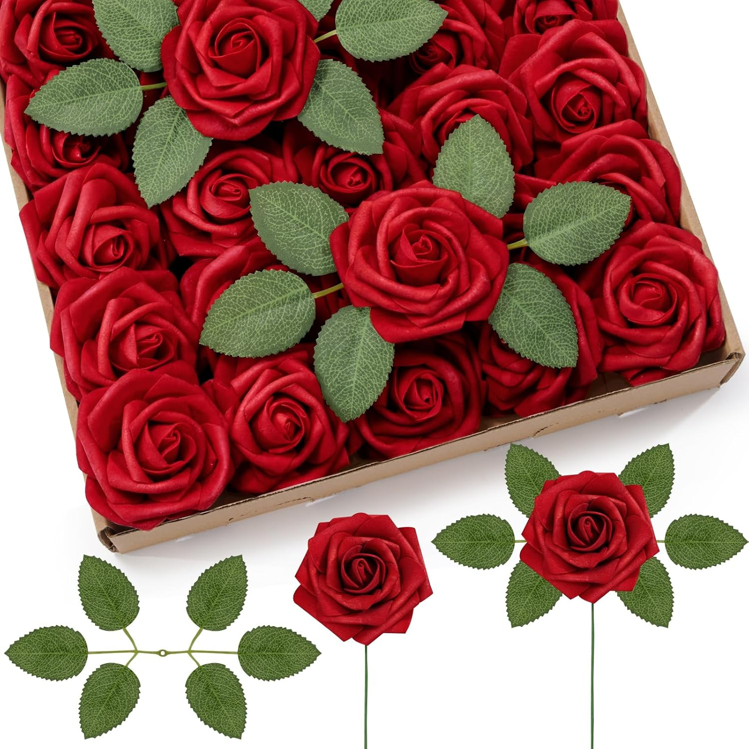 Artificial Flowers, 25 Pcs Dark Red Foam Real Looking Roses with Stems, Fake Ros